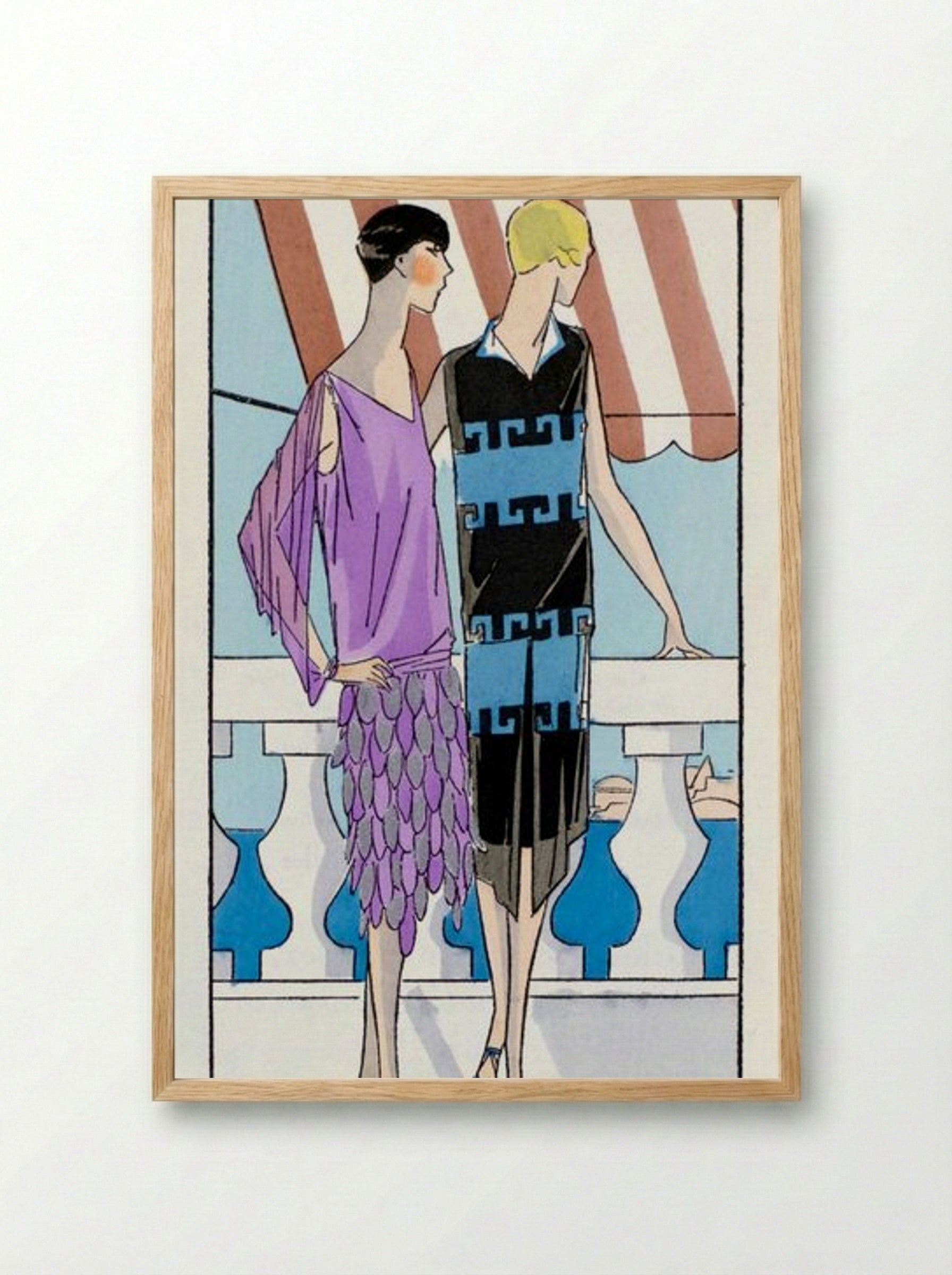 Two Women in Summer Dresses on a Terrace - Brandt and Philippe et Gaston - Framed Print Wood