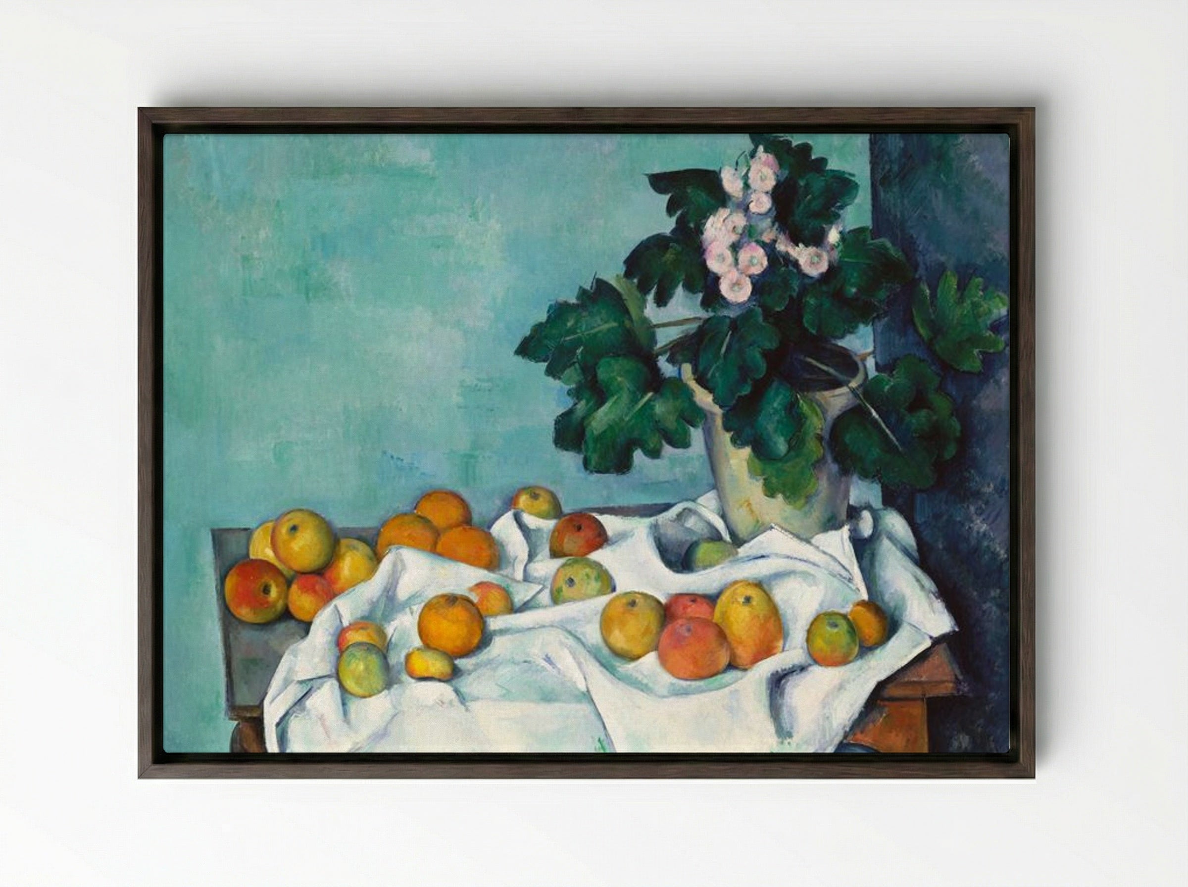 Still Life with Apples and a Pot of Primroses - Paul Cézanne - Framed Canvas Dark Wood