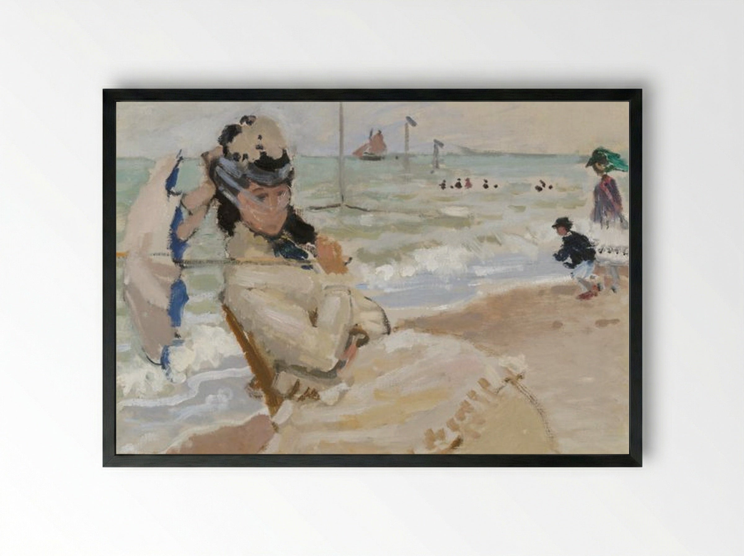 Camille on the Beach in Trouville - Claude Monet - Framed Print Black