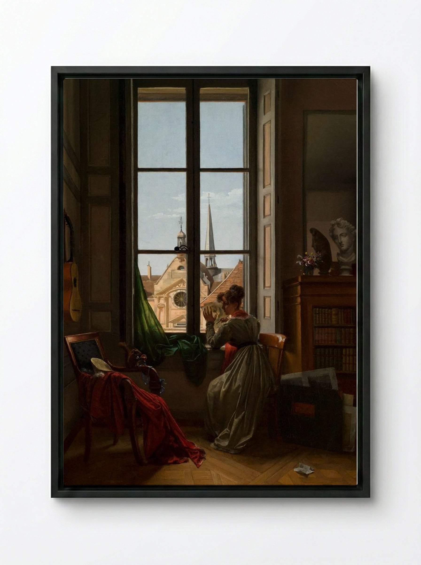 Interior with a Young Woman Drawing - Marie-Denise Villers - Framed Canvas Black