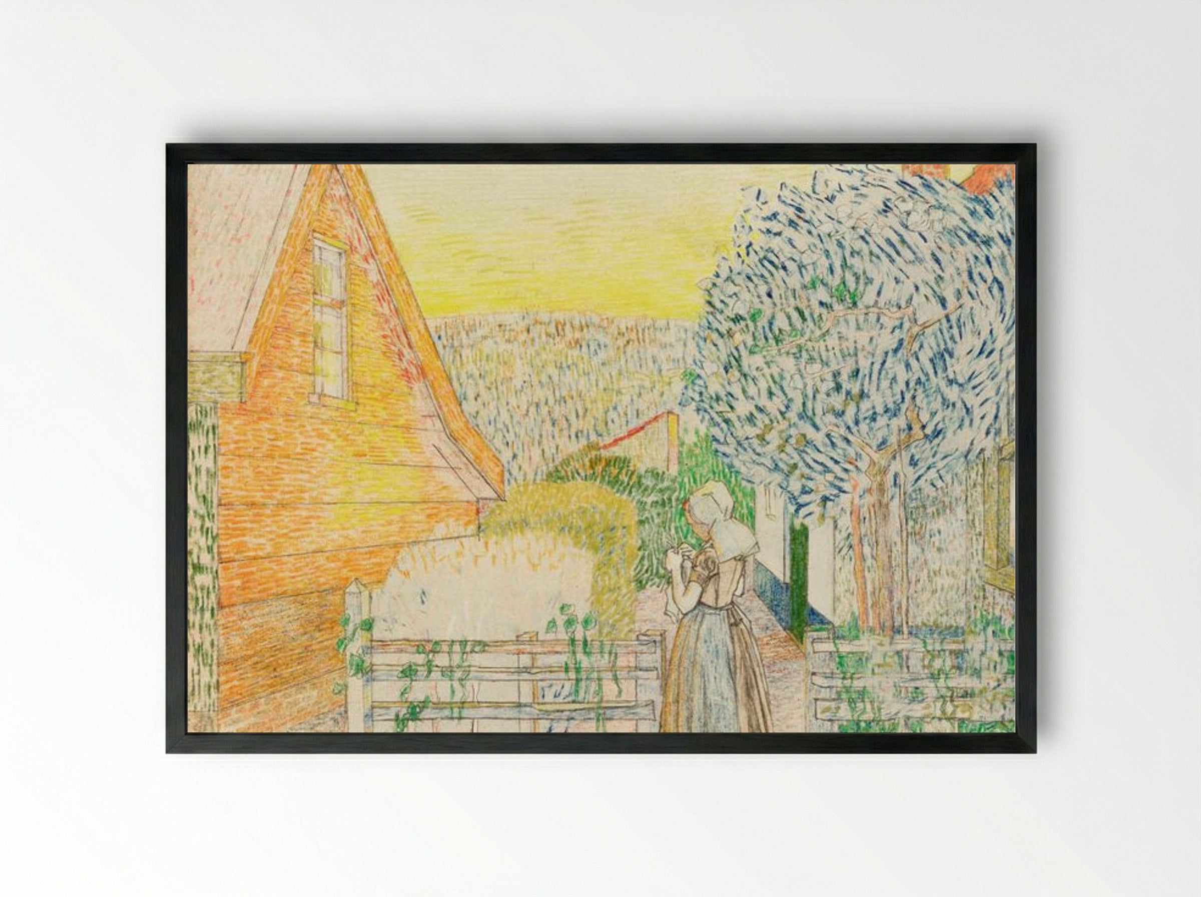 Zeeland Girl Knitting in a Courtyard - Jan Toorop - Framed Print Black