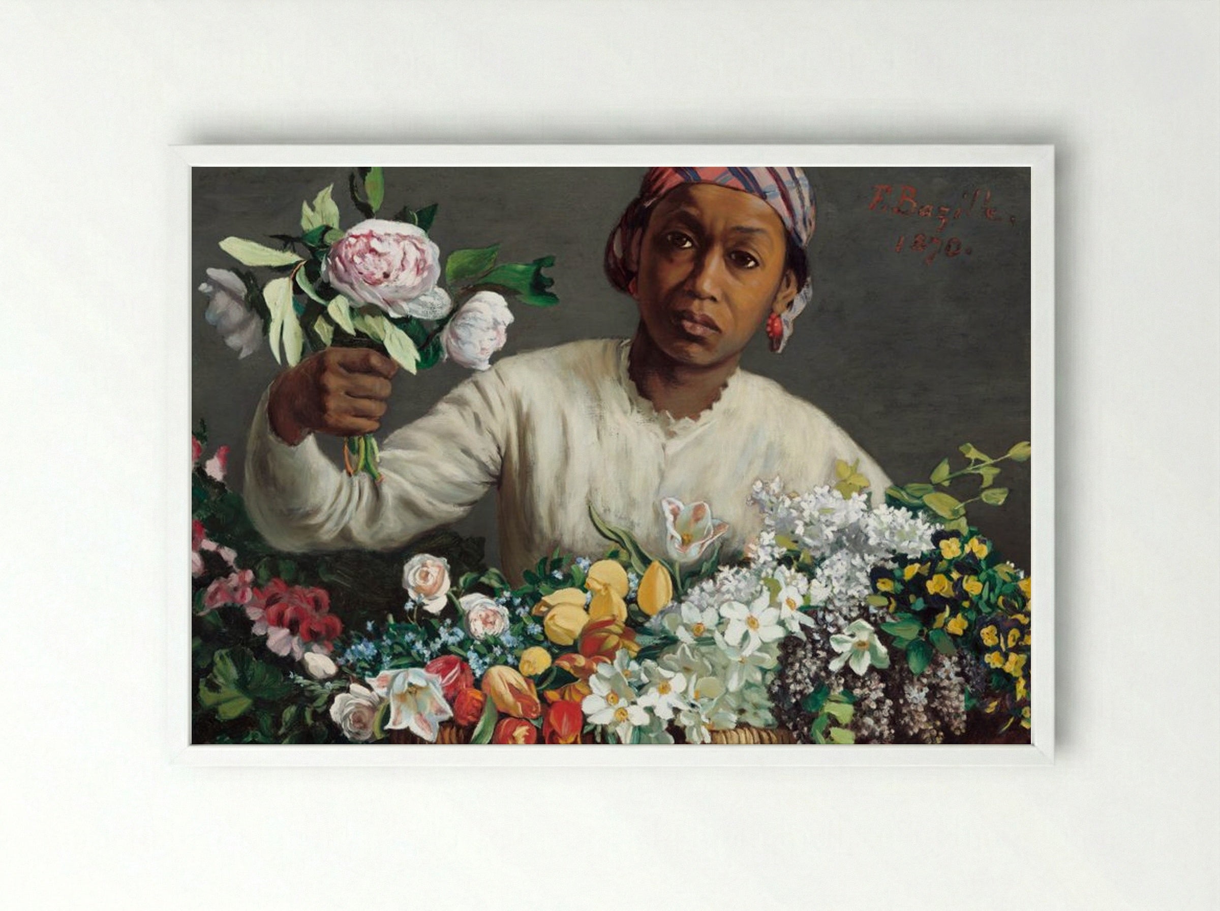 Young Woman with Peonies - Frédéric Bazille - Framed Print White