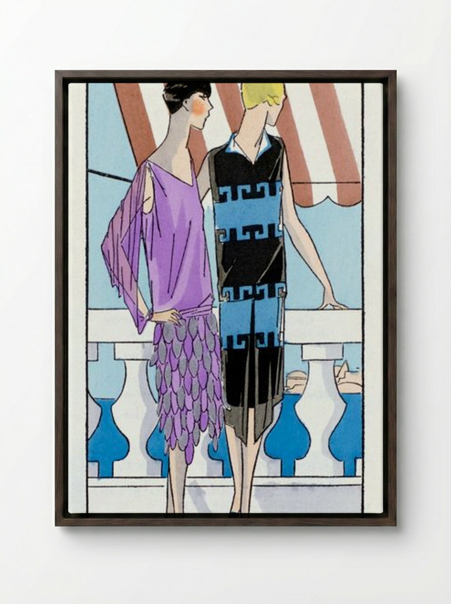 Two Women in Summer Dresses on a Terrace - Brandt and Philippe et Gaston - Framed Canvas Dark Wood