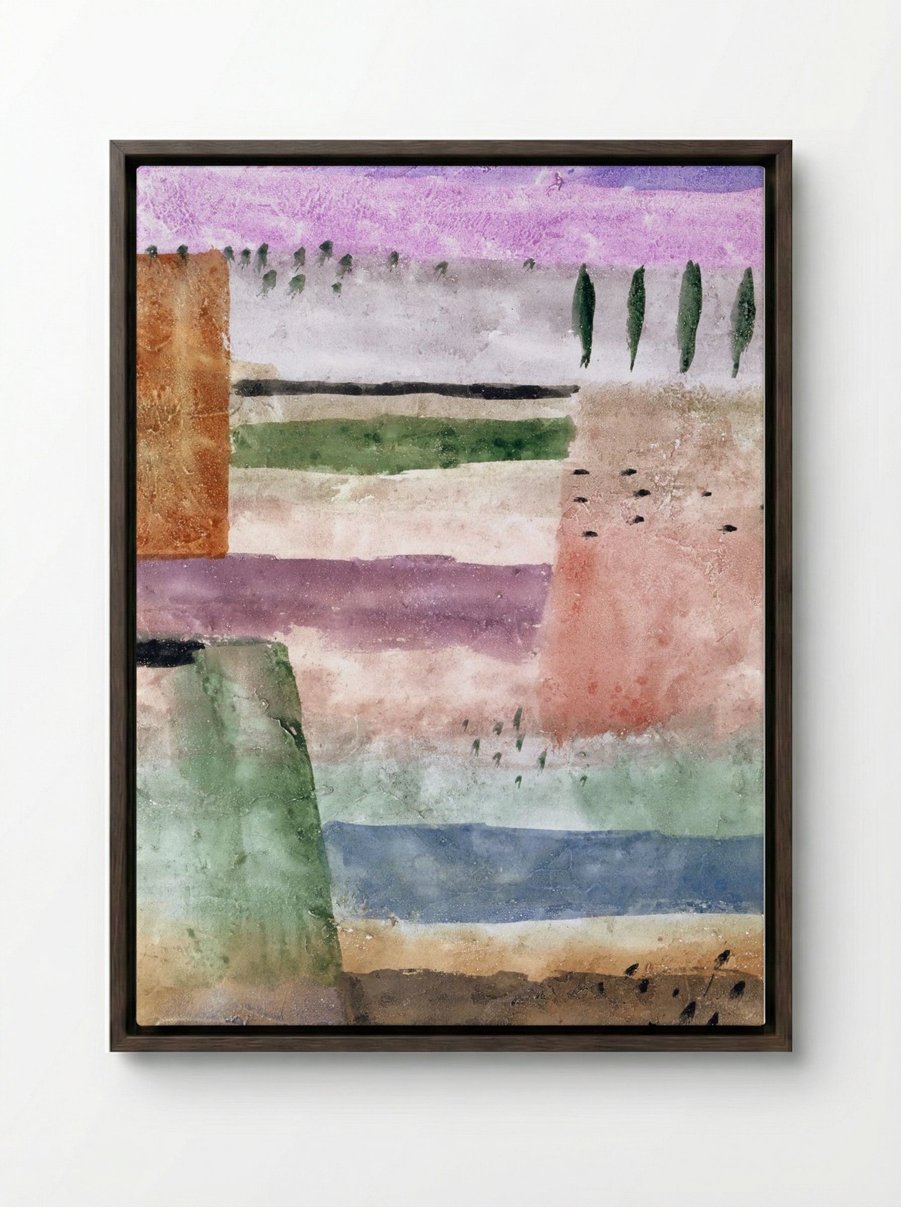 Landscape with Poplars - Paul Klee - Framed Canvas Dark Wood