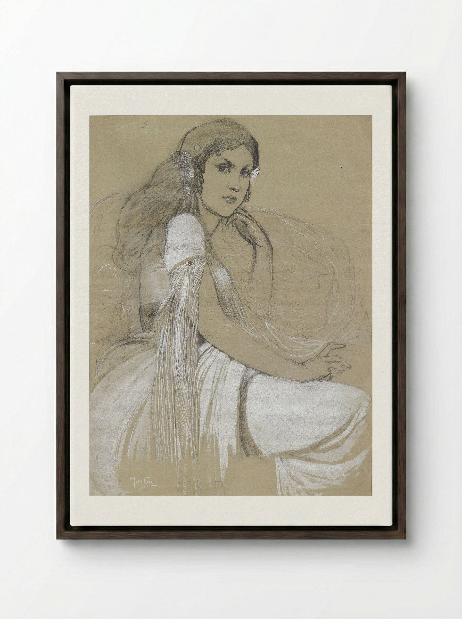 Depicted person Jaroslava Mucha, the artist's daughter - Alphonse Mucha - Framed Canvas Dark Wood