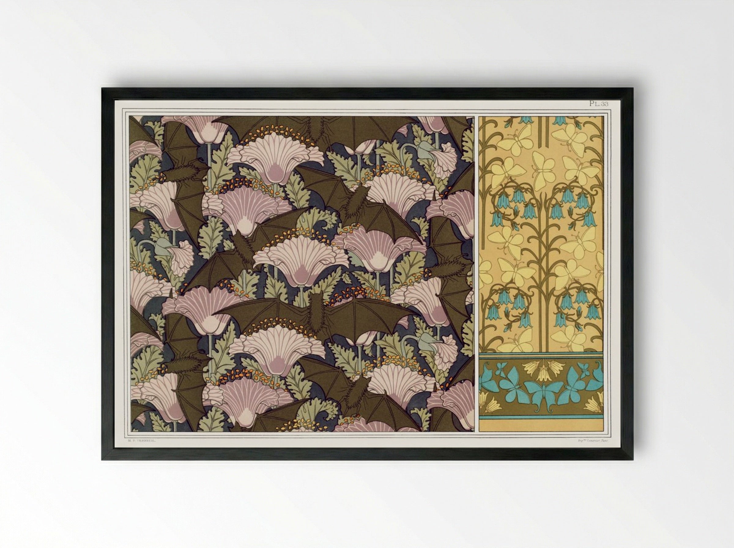 Chauves-souris et Pavots; Papillons et Campanules - Maurice Pillard Verneuil - Framed Print Black