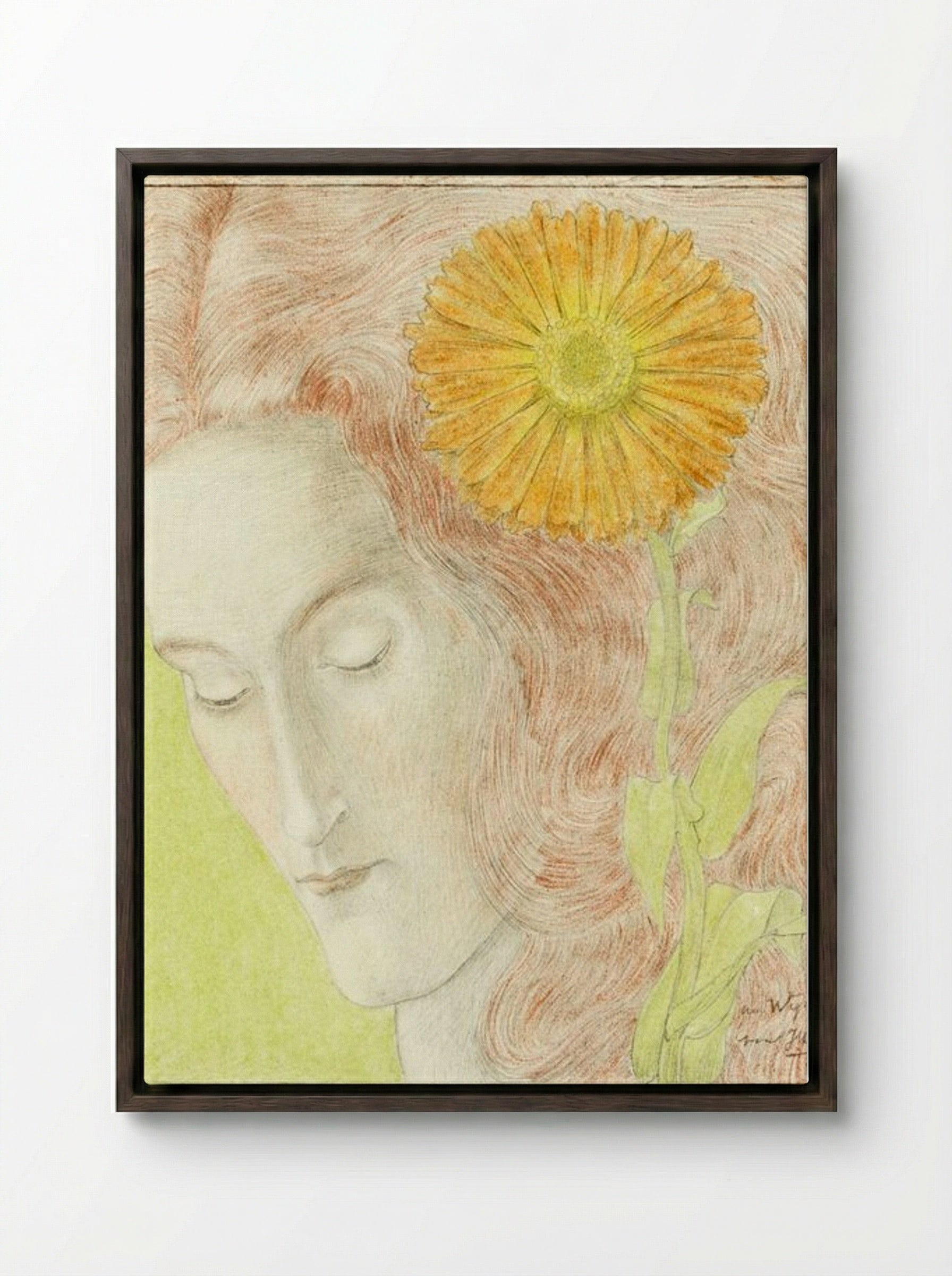 Woman's Head with Red Hair and Chrysanthemum - Jan Toorop - Framed Canvas Dark Wood