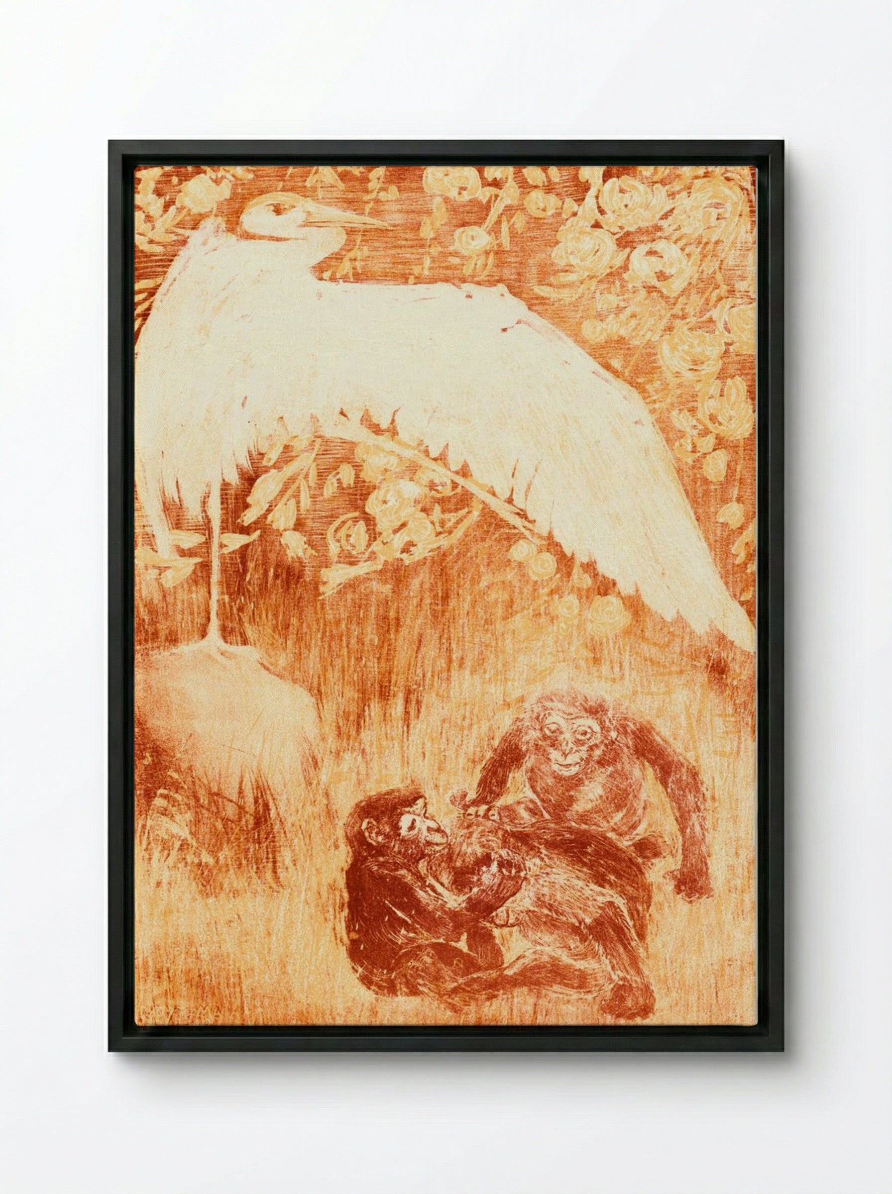 Reiger met drie apen (Heron with Three Monkeys) - Theo van Hoytema - Framed Canvas Black