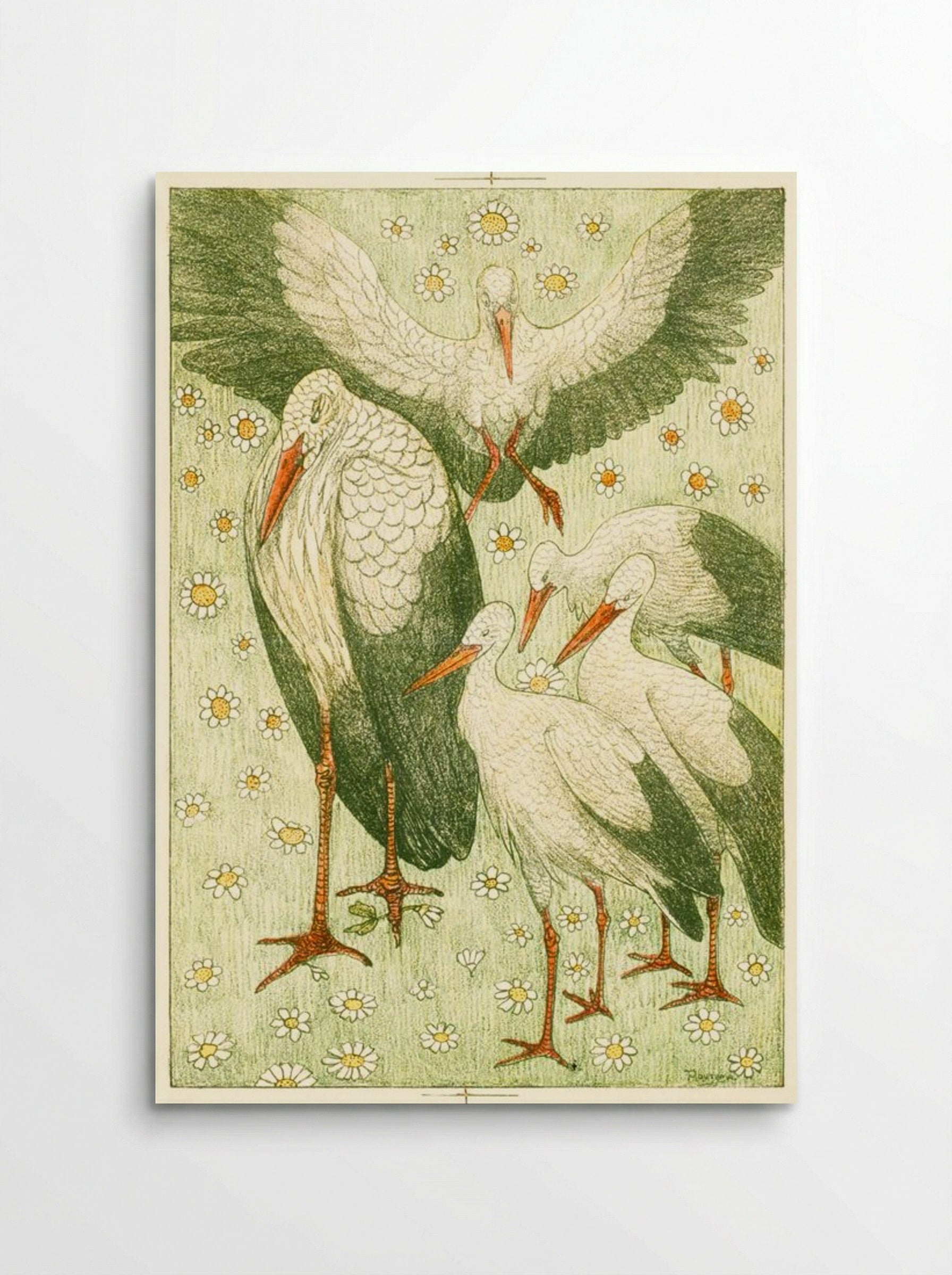 Vijf ooievaars in een wei (Five Storks in a Meadow) - Theo van Hoytema - Poster