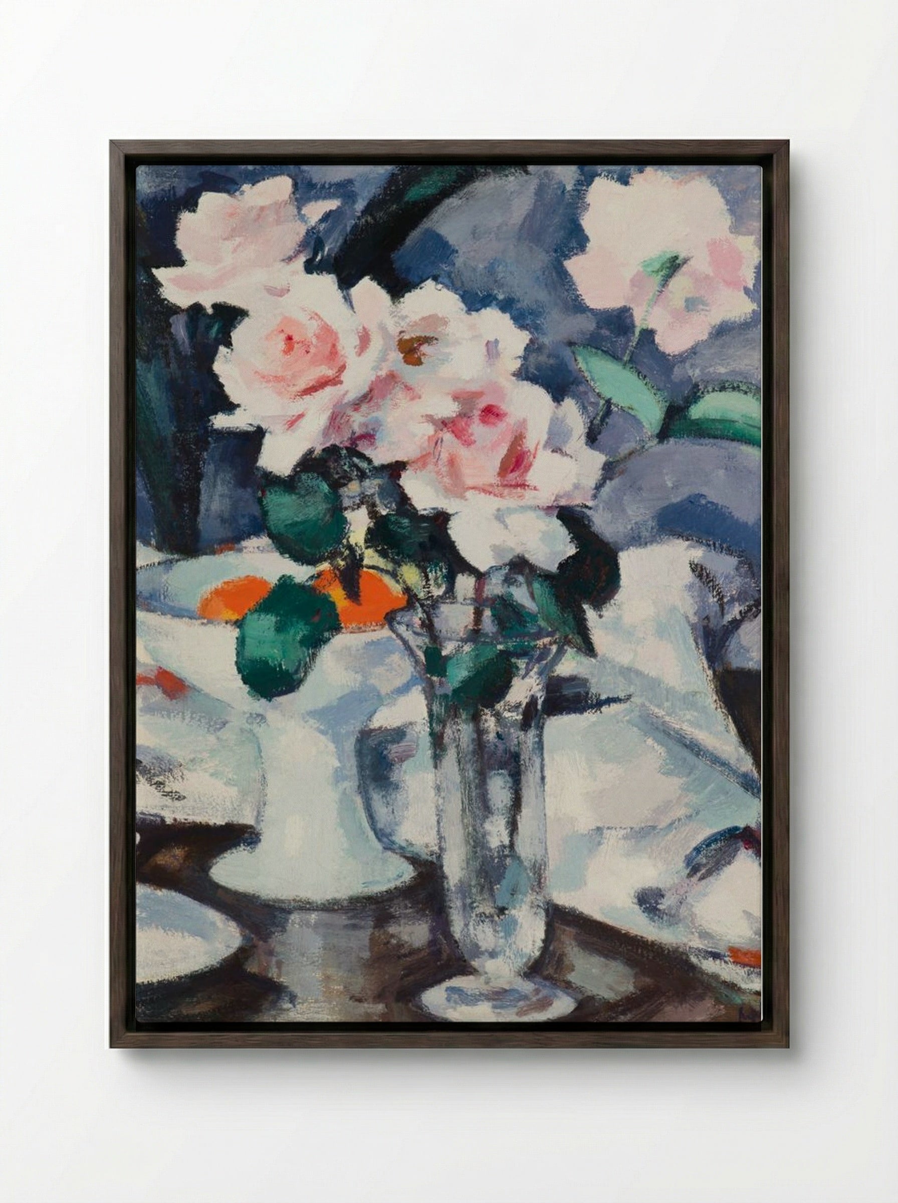 Pink Roses in a Glass Vase - Samuel John Peploe - Framed Canvas Dark Wood