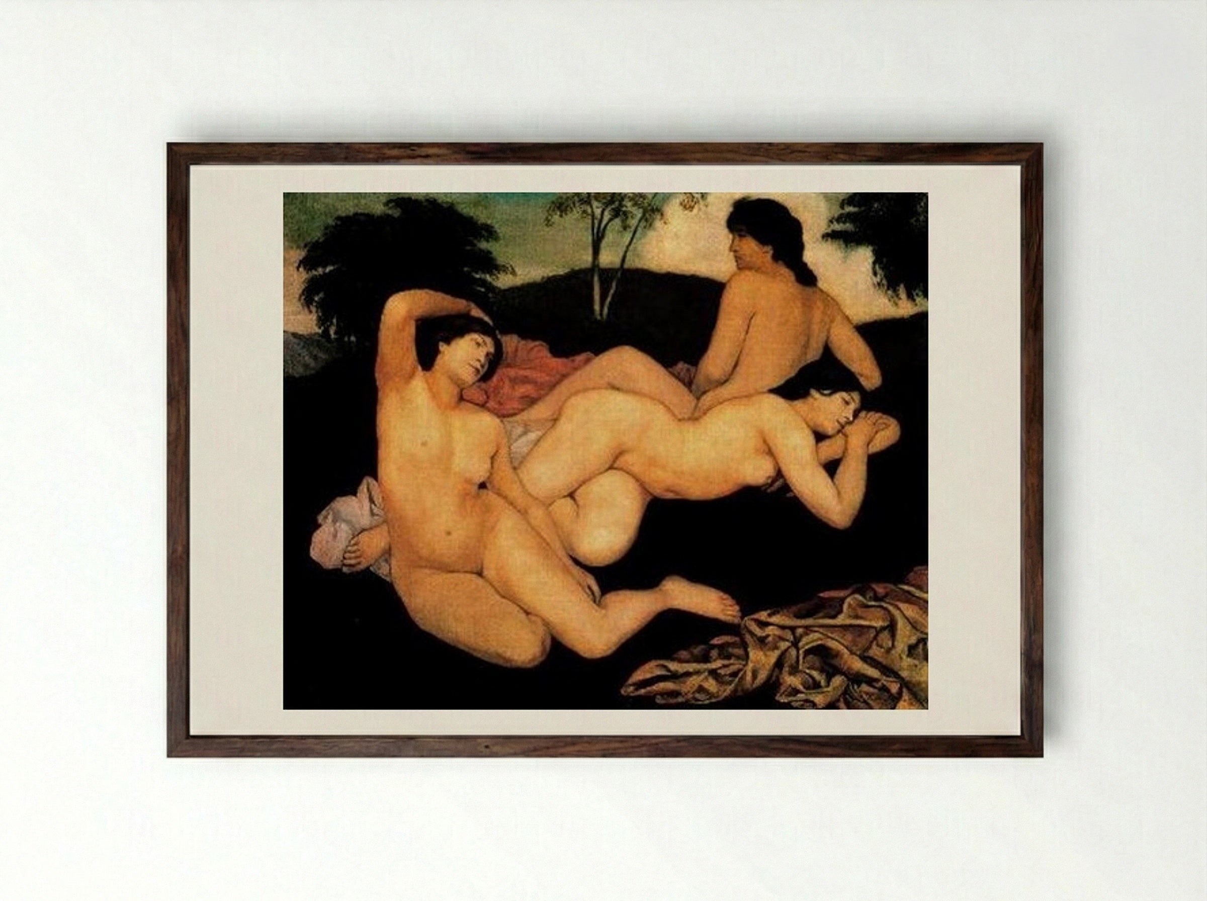 After the Bath (The Nymphs) - Émile Bernard - Framed Print Dark Wood