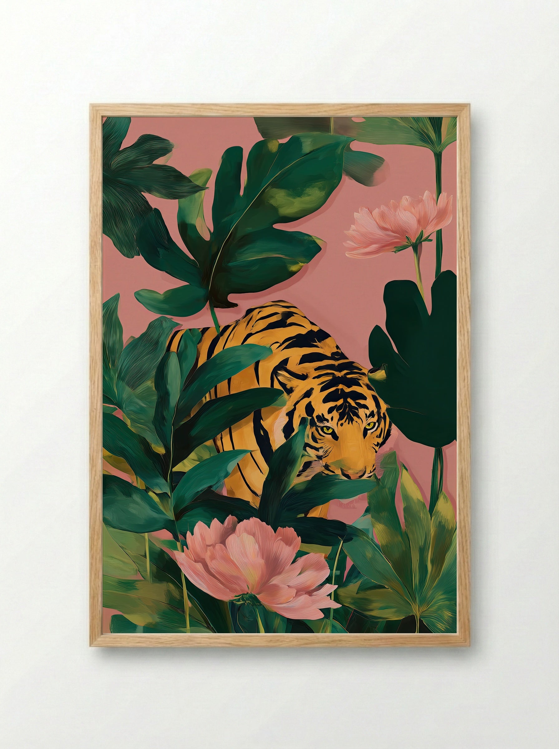 Golden Jungle Tiger Botanical Art Print - Framed Print Wood
