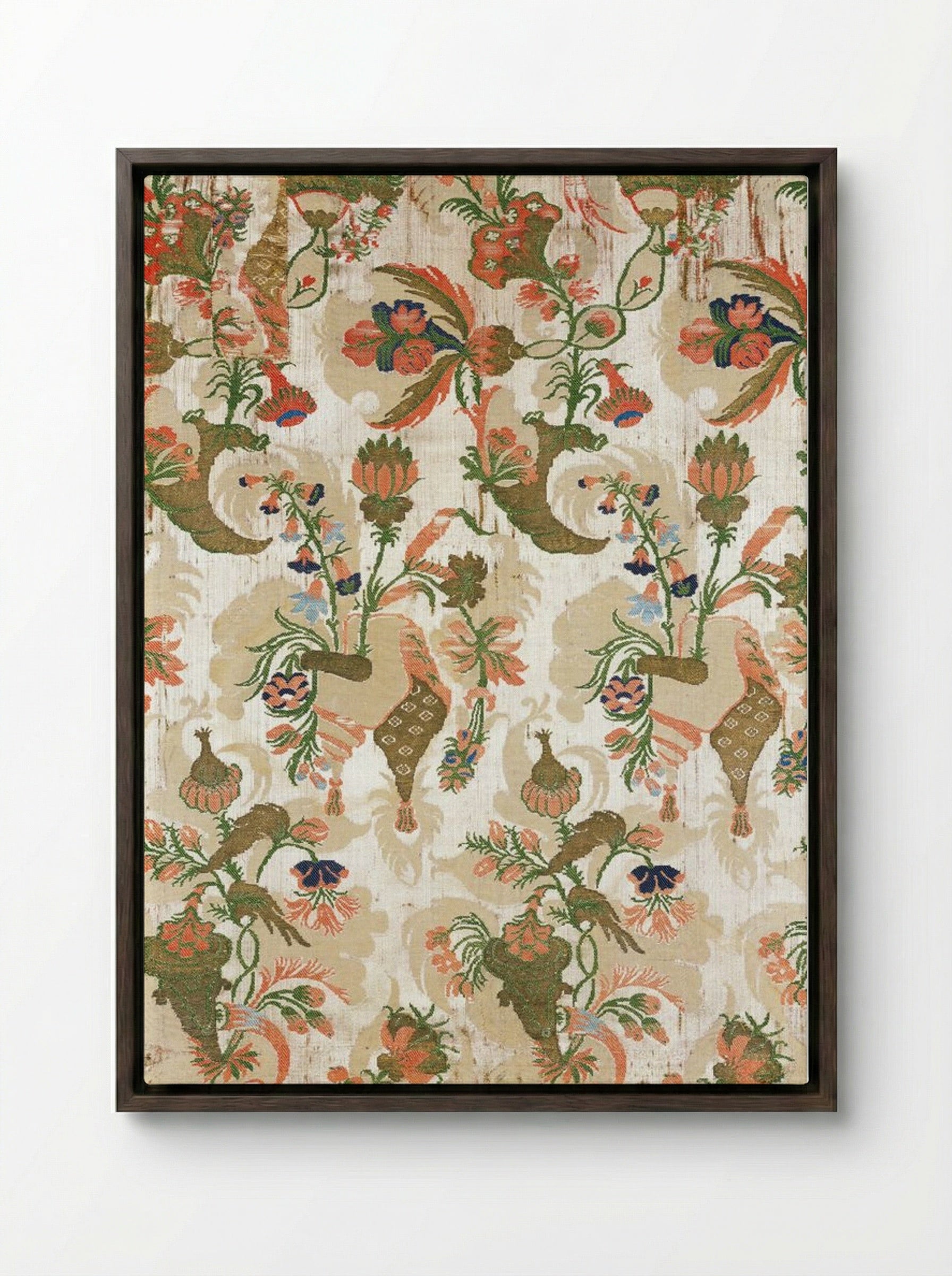 Panel (Floral and Bird Pattern, Textile Design) - Fine Art Print - Framed Canvas Dark Wood