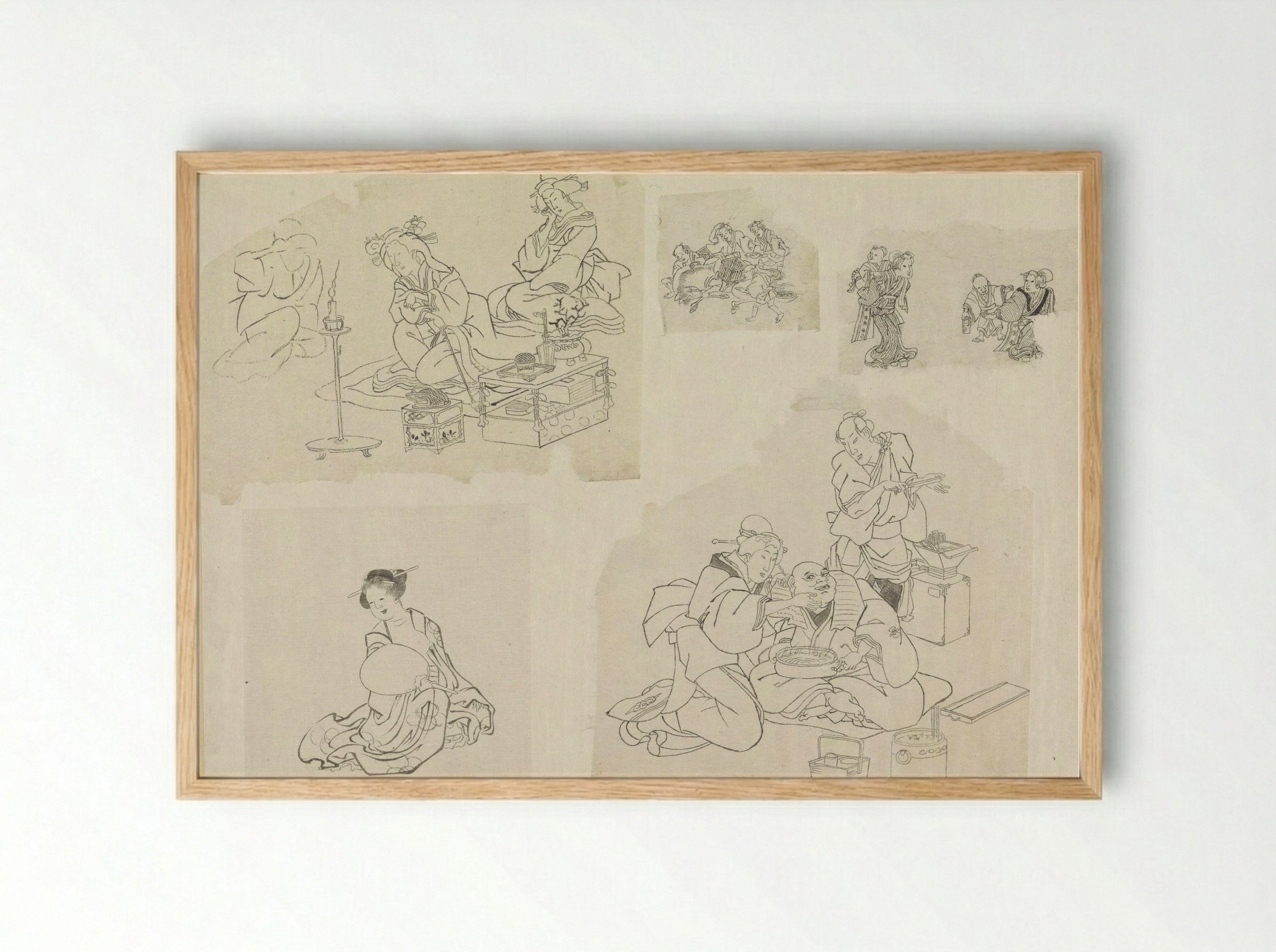 Five Sketches of People in Various Situations - Katsushika Hokusai - Framed Print Wood