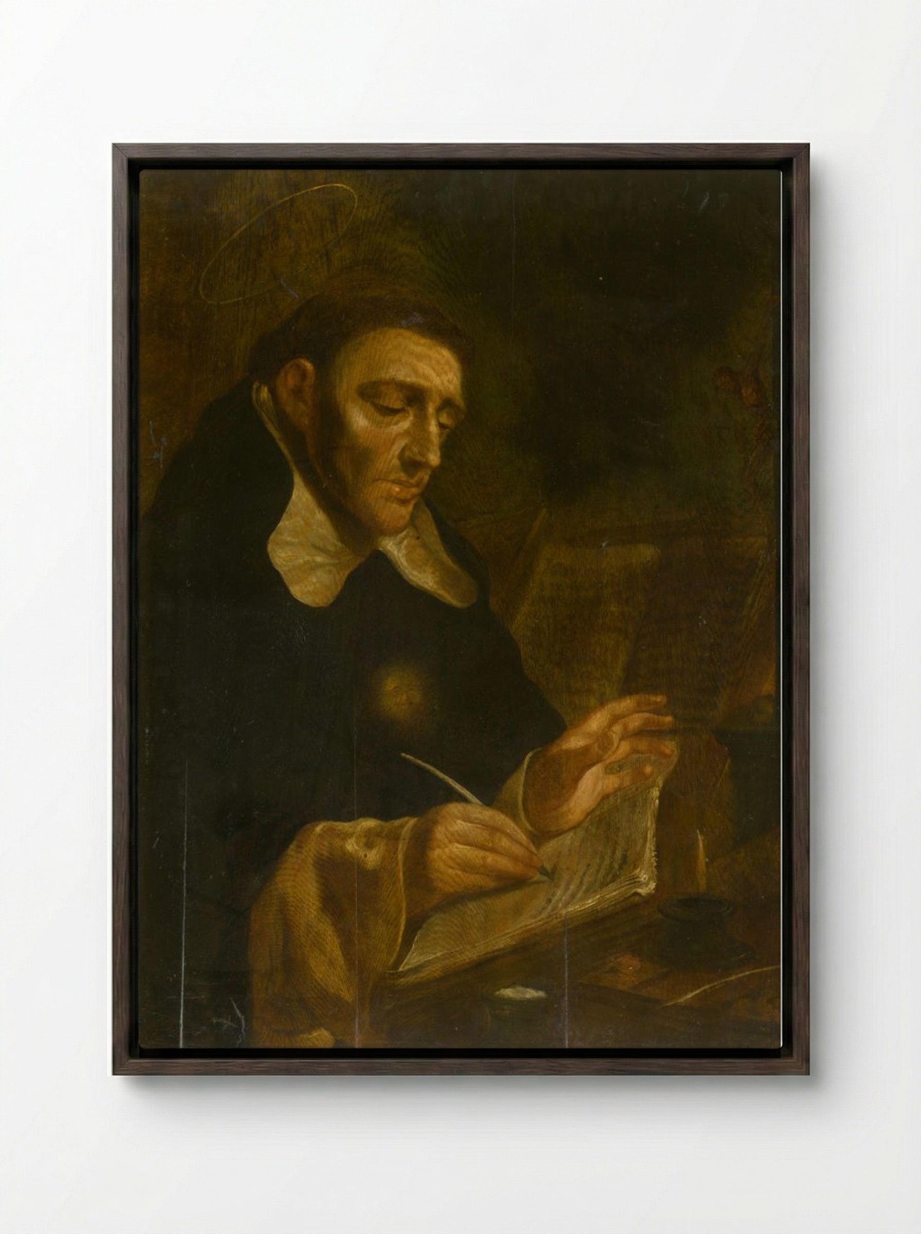 Saint Thomas Aquinas Writing - Jusepe de Ribera - Framed Canvas Dark Wood