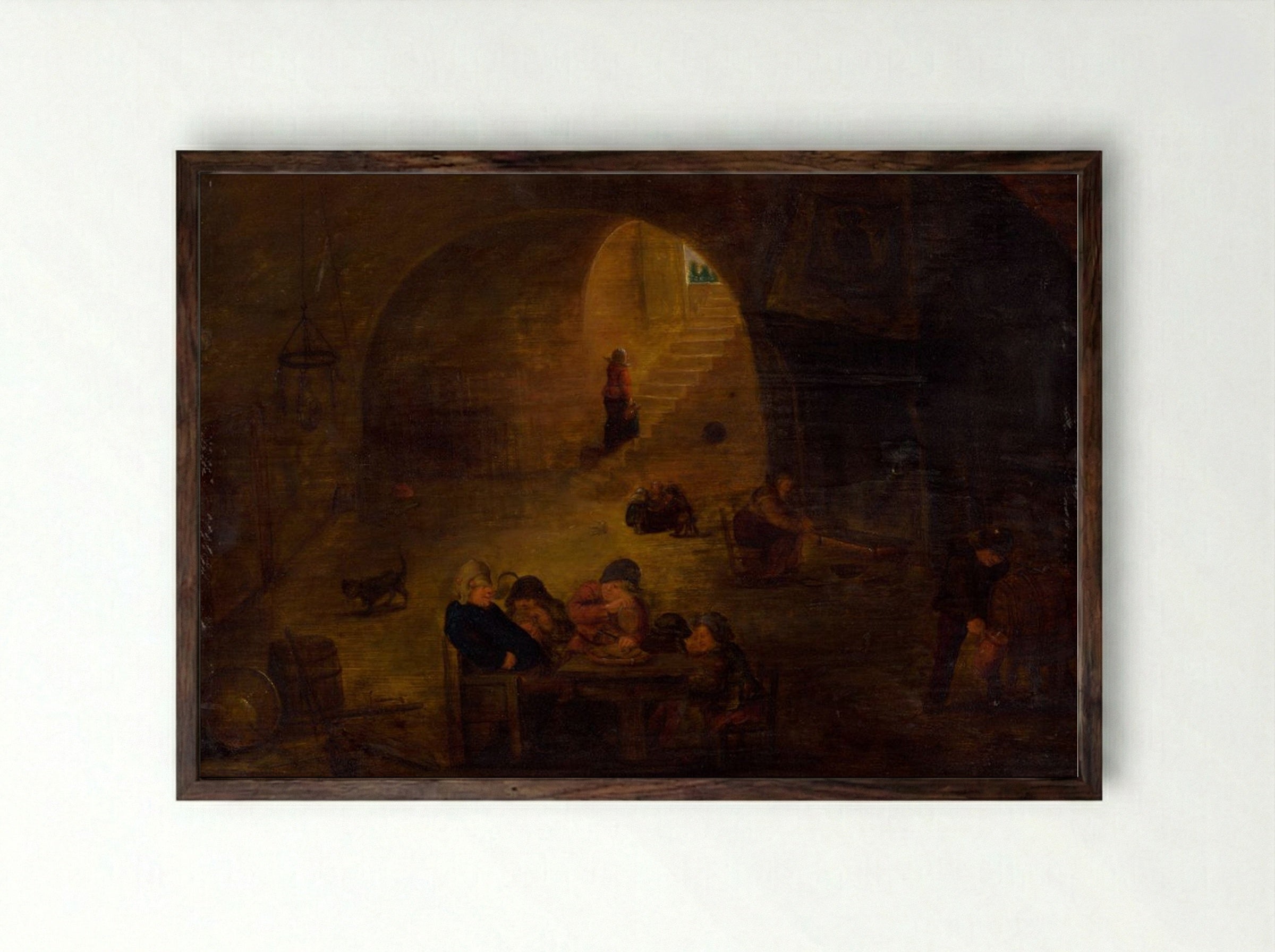 In the Wine Cellar - David Teniers the Younger - Framed Print Dark Wood