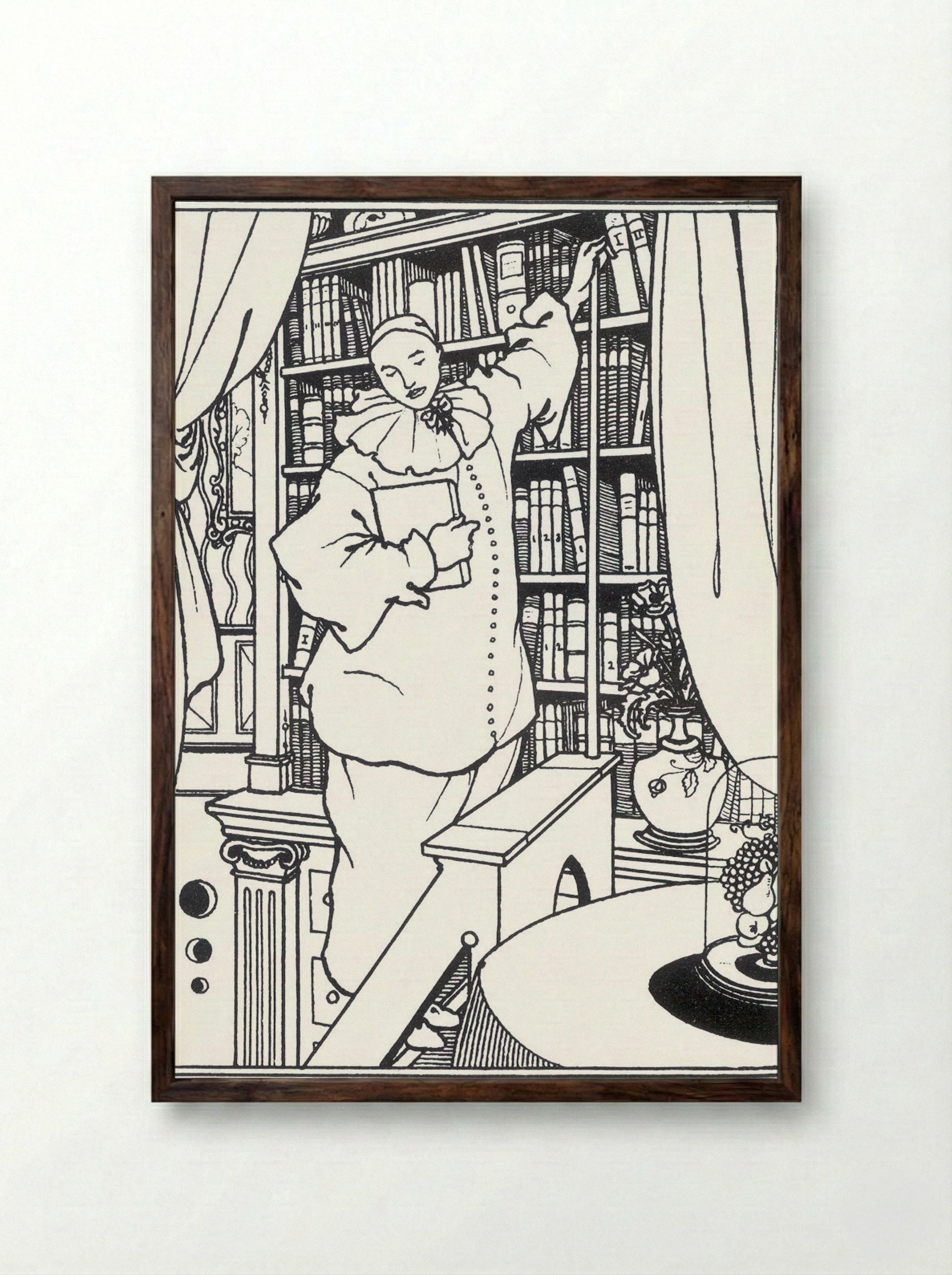 Pierrot in a Library - Aubrey Beardsley - Framed Print Dark Wood