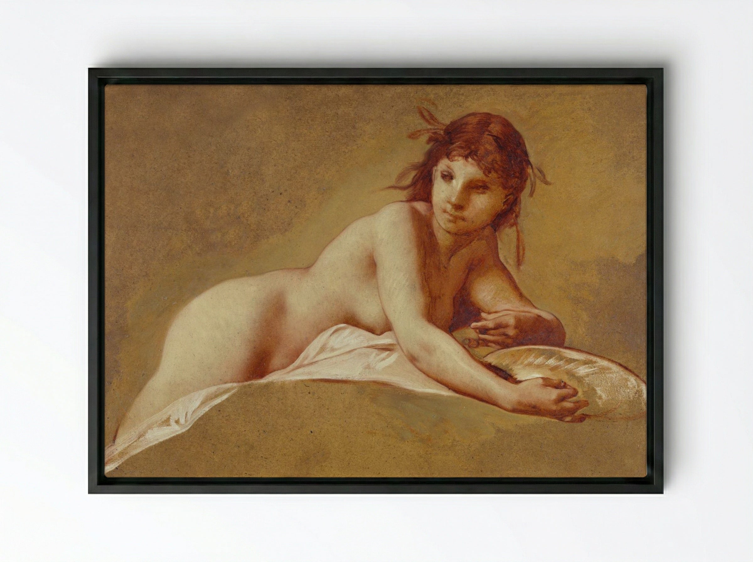 Reclining Nude with Seashell - Pierre-Victor Galland - Framed Canvas Black