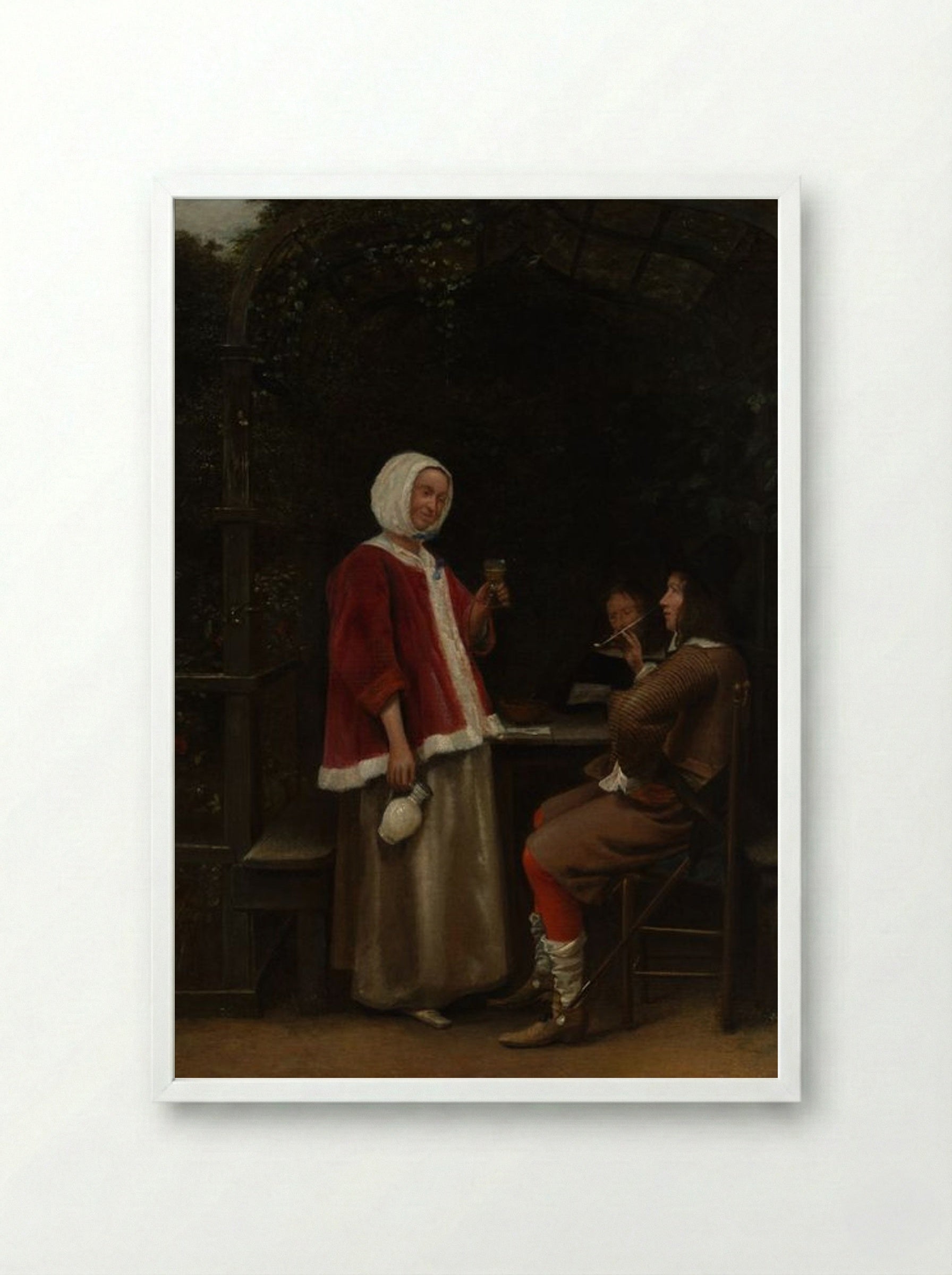 A Woman and Two Men in an Arbor - Pieter de Hooch - Framed Print White