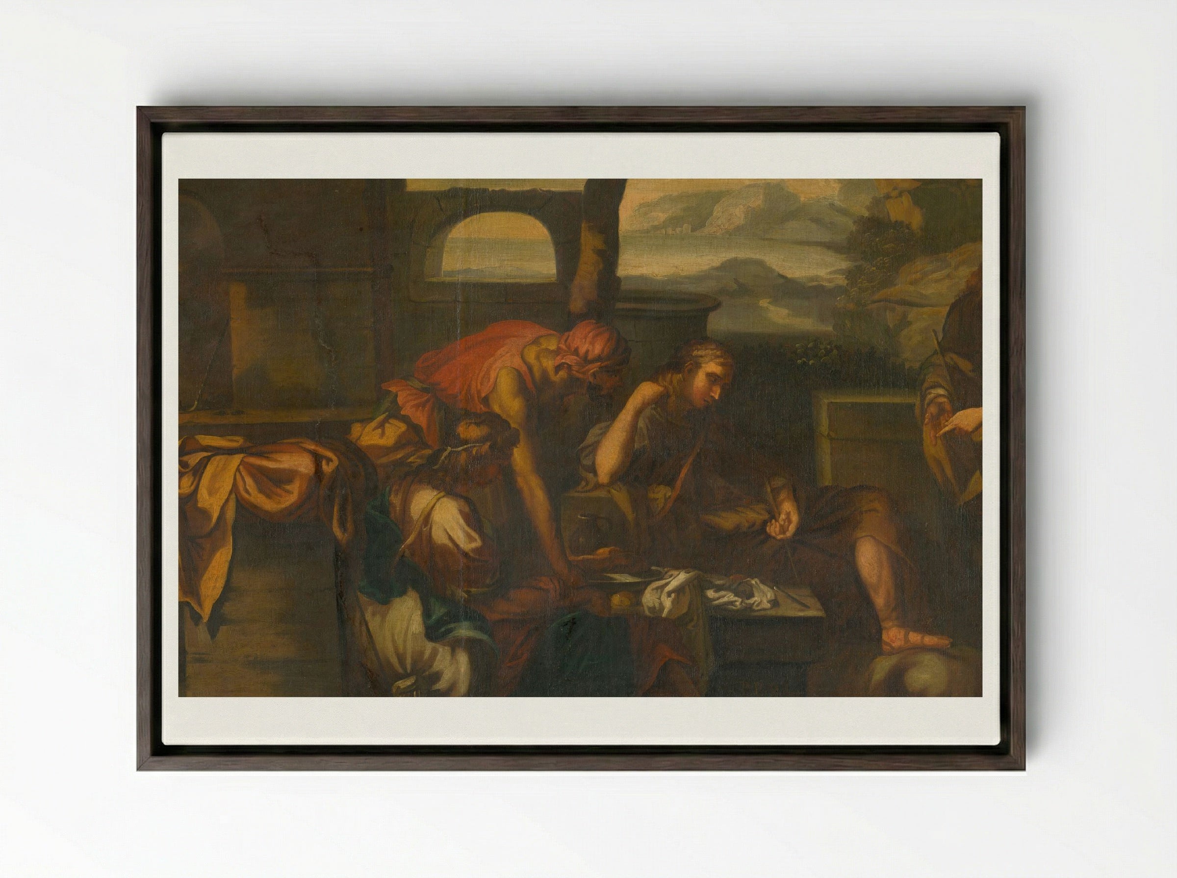 Biblical Scene with Figures - Fine Art Print - Framed Canvas Dark Wood