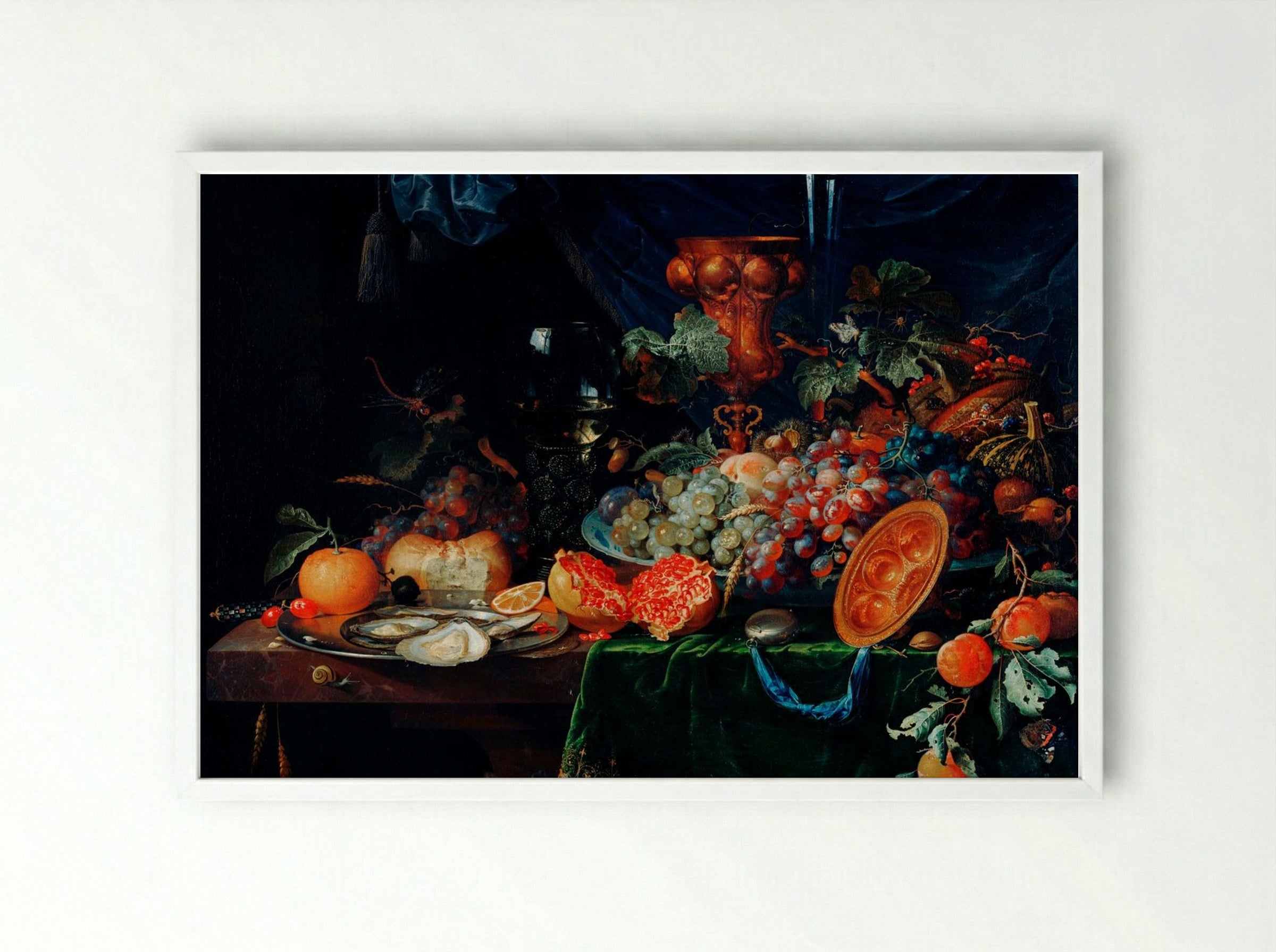 Fruits and Oysters - Abraham Mignon - Framed Print White