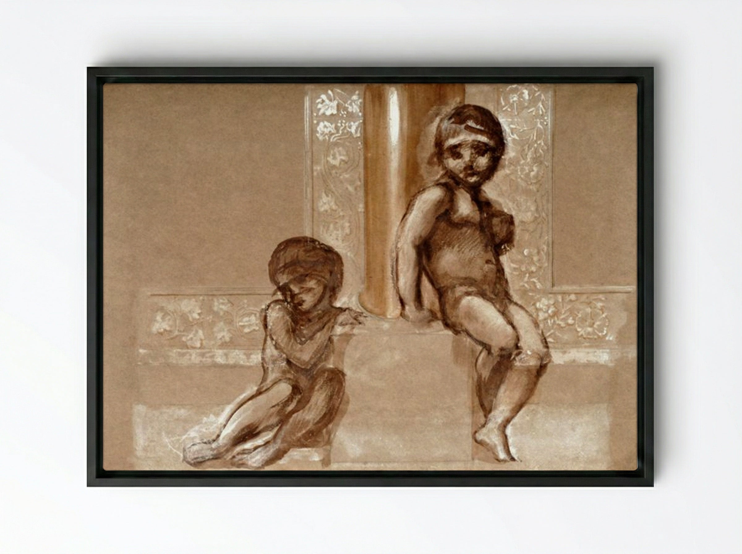 Study of Two Putti for 'The Troy Triptych' - Edward Burne-Jones - Framed Canvas Black