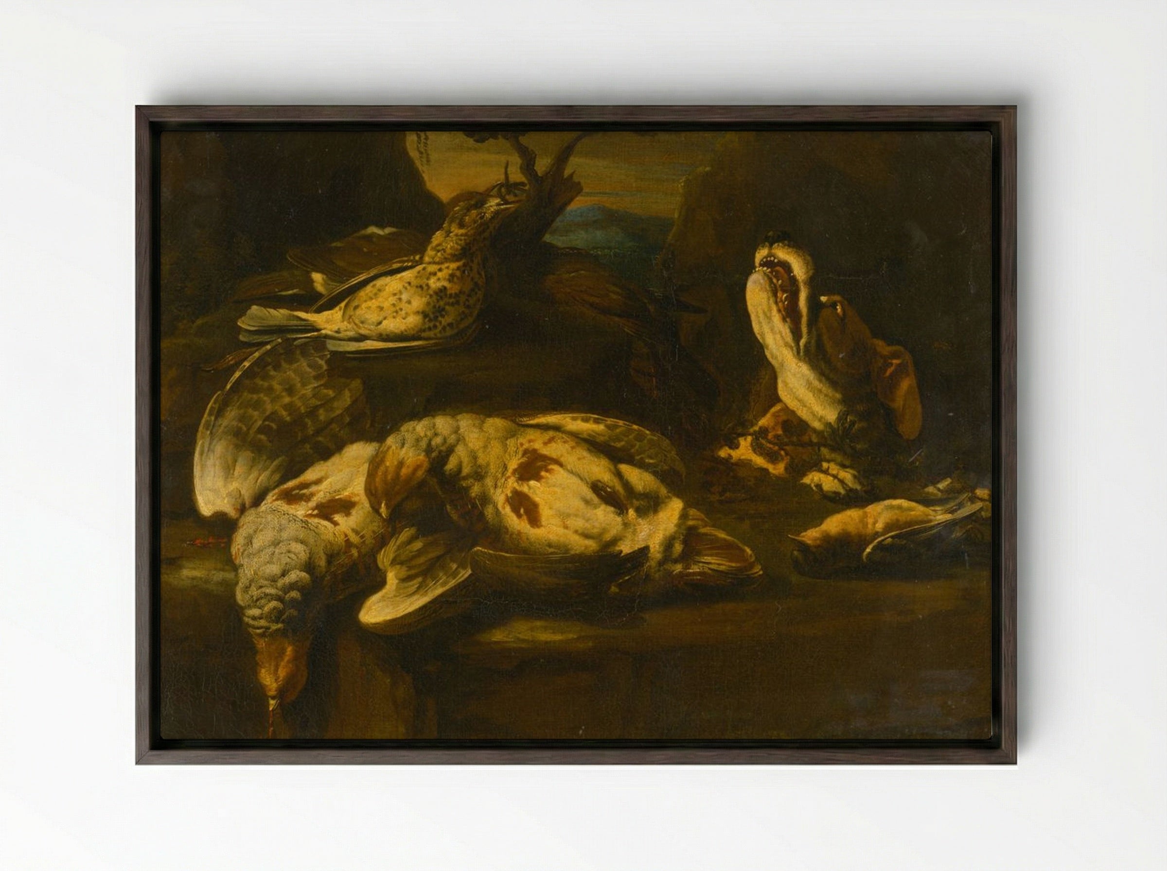 Hunting Still Life with Birds and Dog - Fine Art Print - Framed Canvas Dark Wood