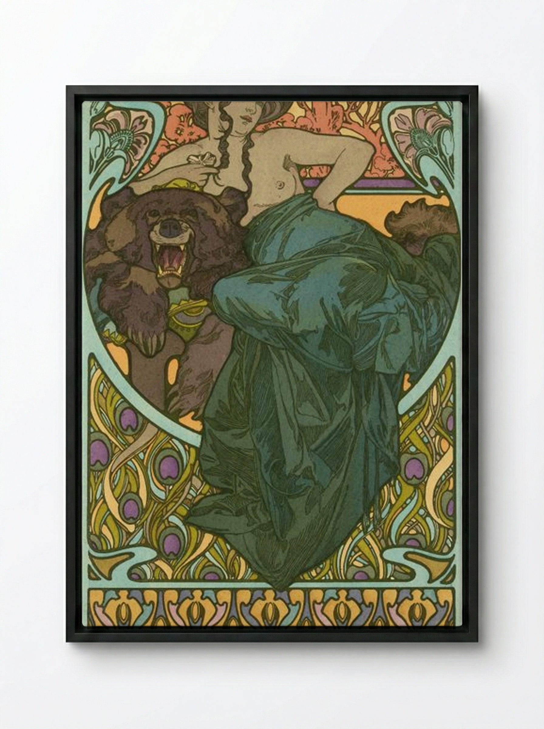 Untitled (Woman with Bear) - Alphonse Mucha - Framed Canvas Black