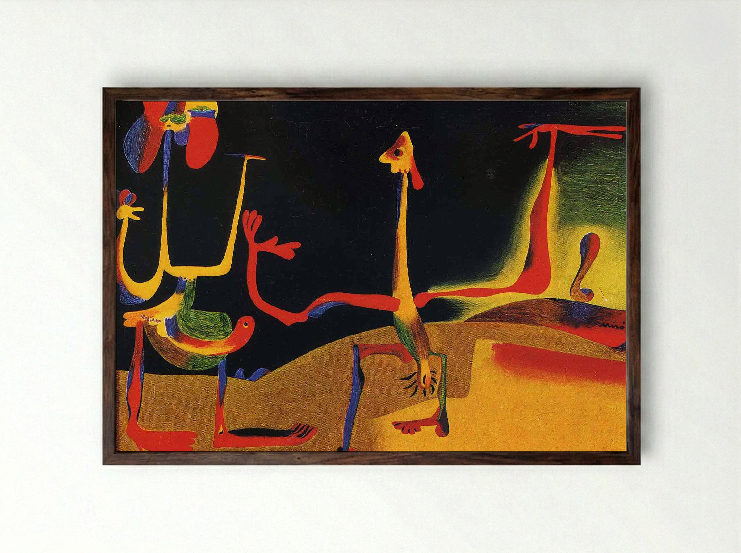 Man and Woman in Front of a Pile of Excrement - Joan Miró - Framed Print Dark Wood