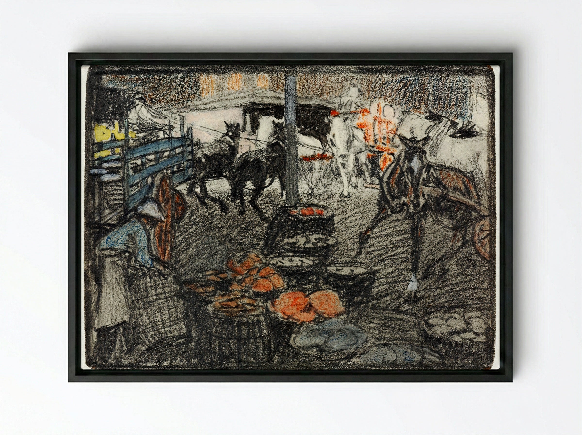 A Busy Market Scene - Edward Penfield - Framed Canvas Black