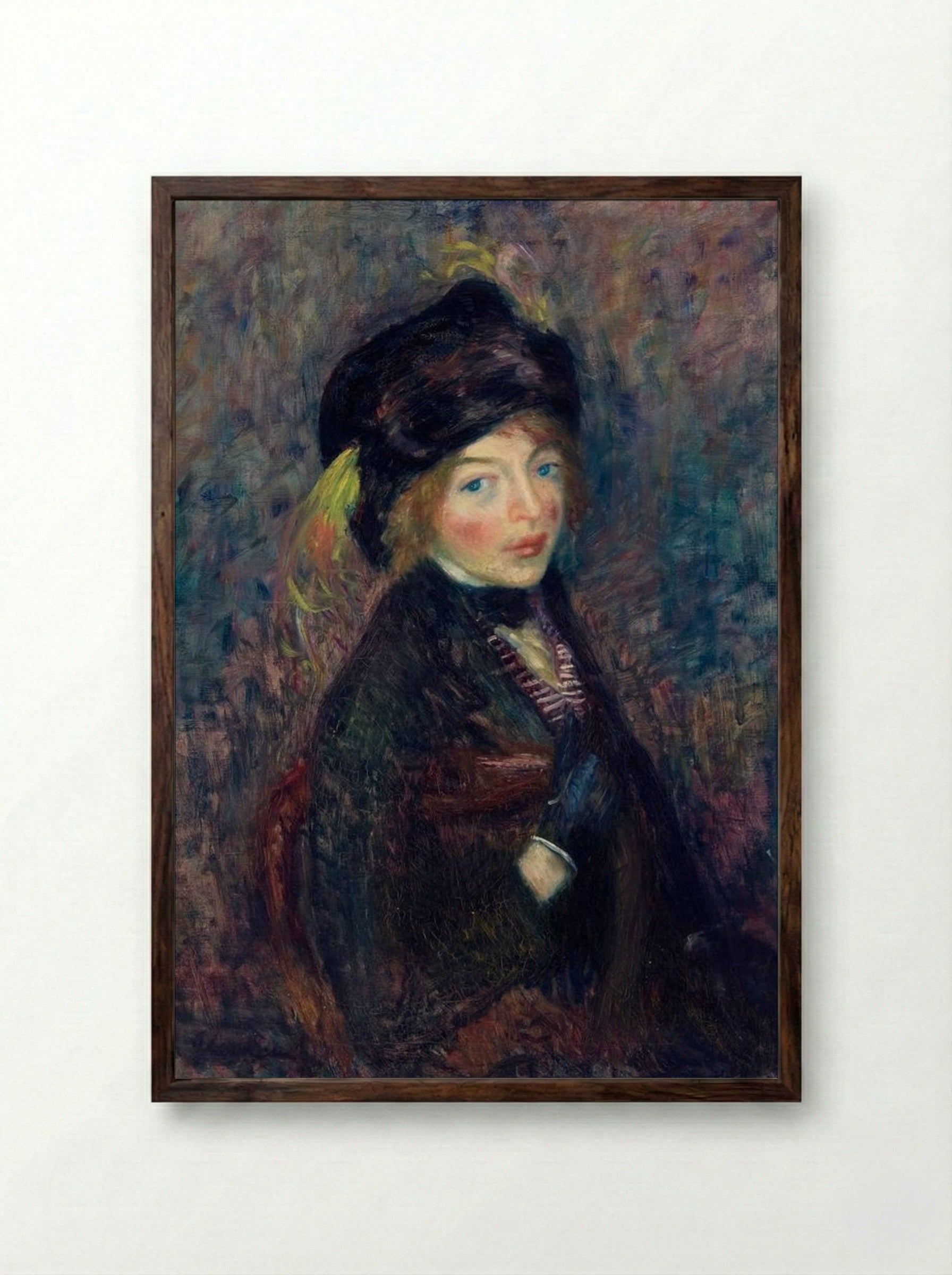 Head of Girl, Feather in Turban - William James Glackens - Framed Print Dark Wood