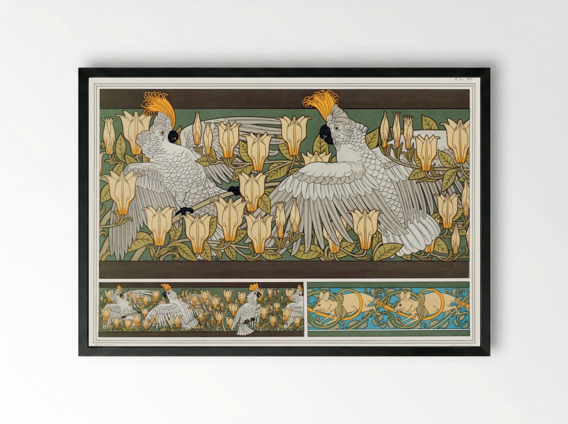 Cacatoès et Magnolia, Bordure; Souris Blanches - Maurice Pillard Verneuil - Framed Print Black