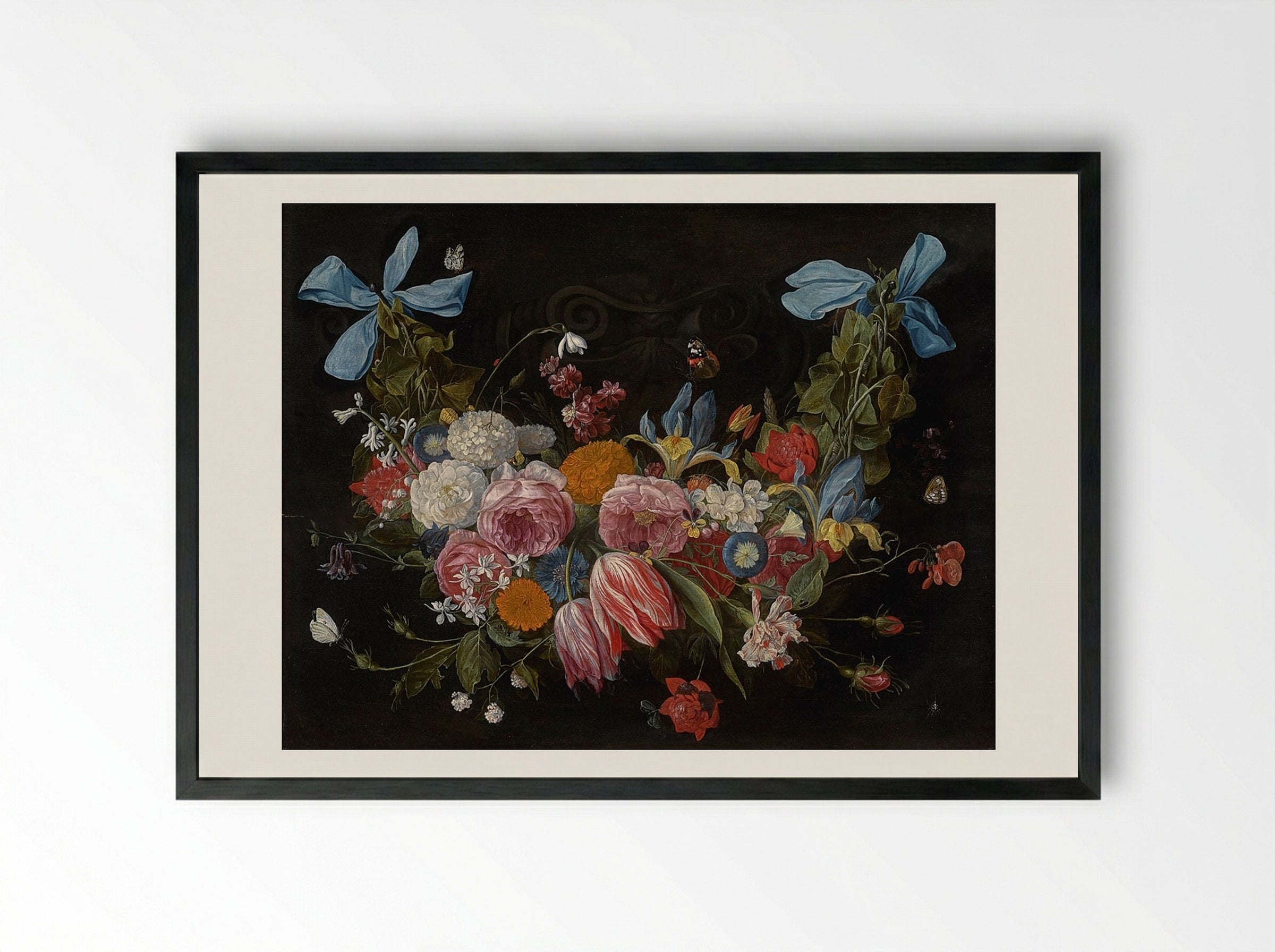 A Swag of Flowers Fixed with Two Blue Ribbons - Jan van Kessel the Elder - Framed Print Black