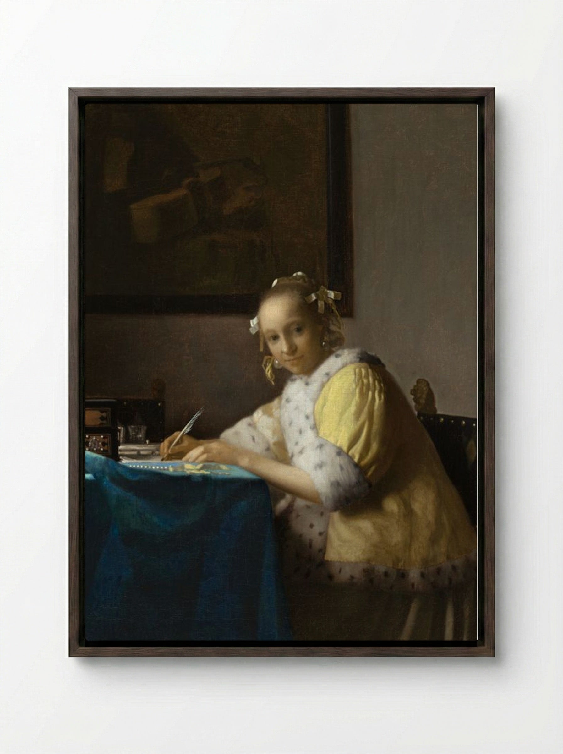 A Lady Writing a Letter - Johannes Vermeer - Framed Canvas Dark Wood
