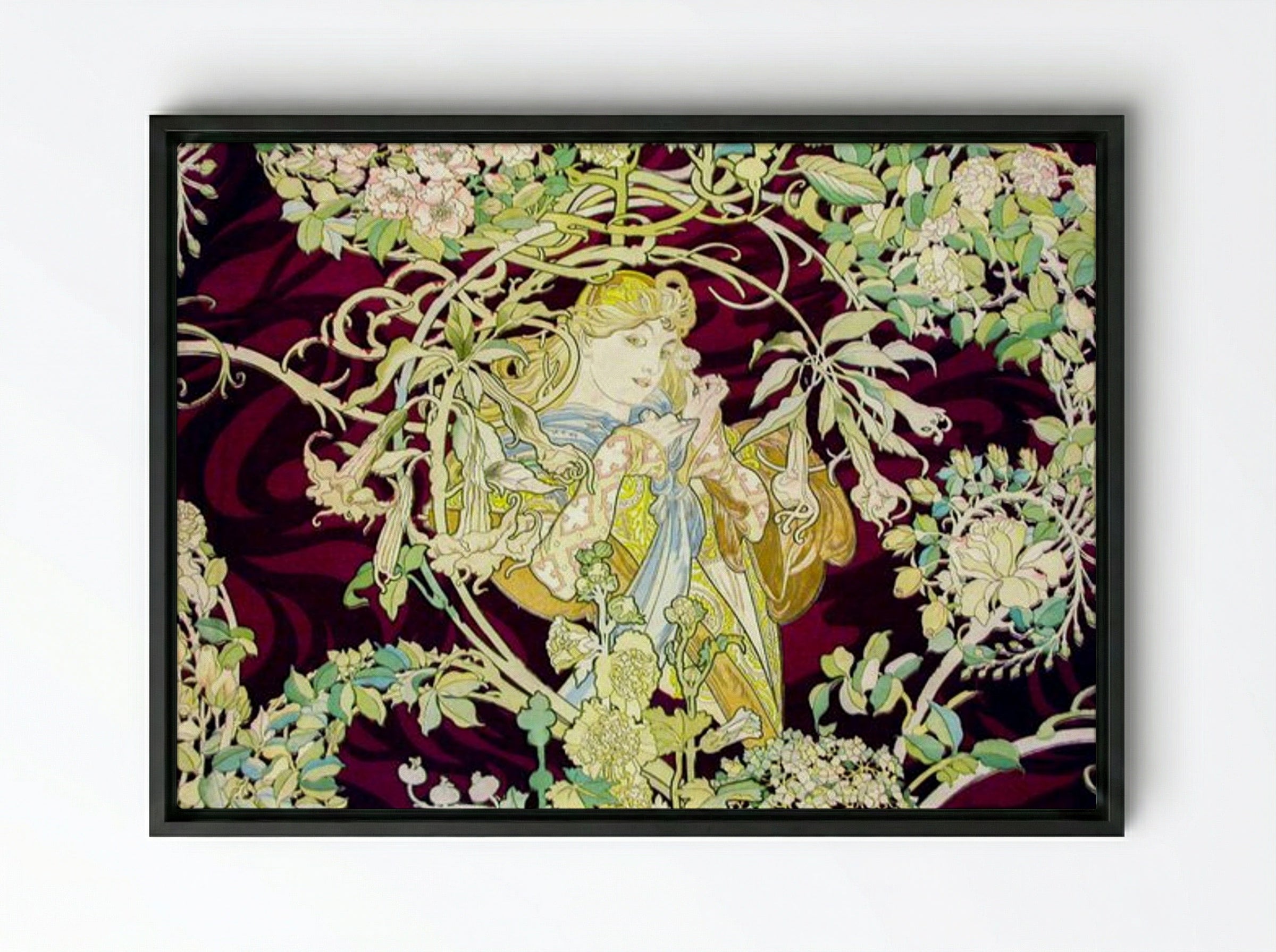 Femme à la Marguerite (Woman with Daisy) - Alphonse Mucha - Framed Canvas Black