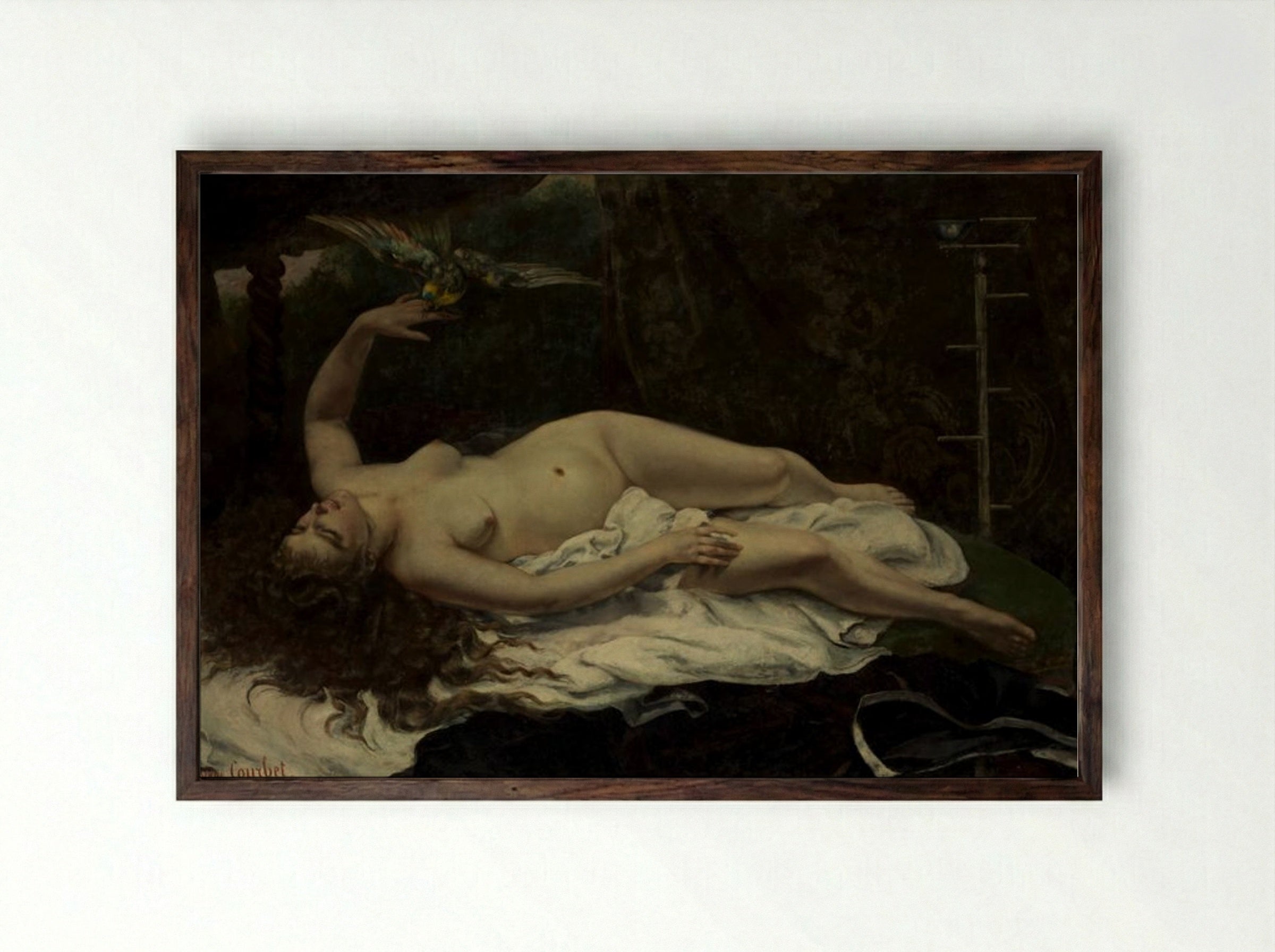 Woman with a Parrot - Gustave Courbet - Framed Print Dark Wood