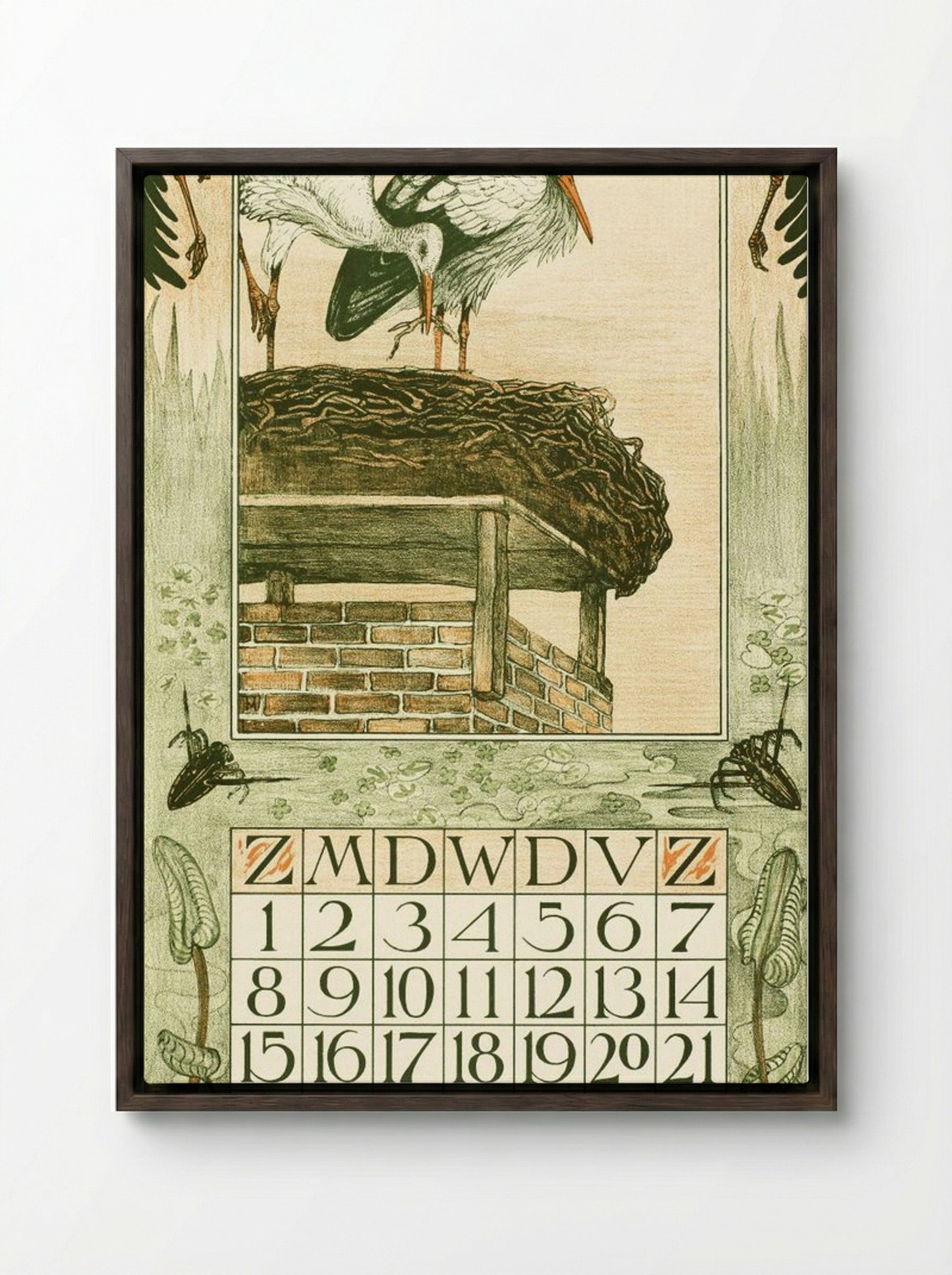 Kalenderblad Maart met Ooievaars - Theo van Hoytema - Framed Canvas Dark Wood