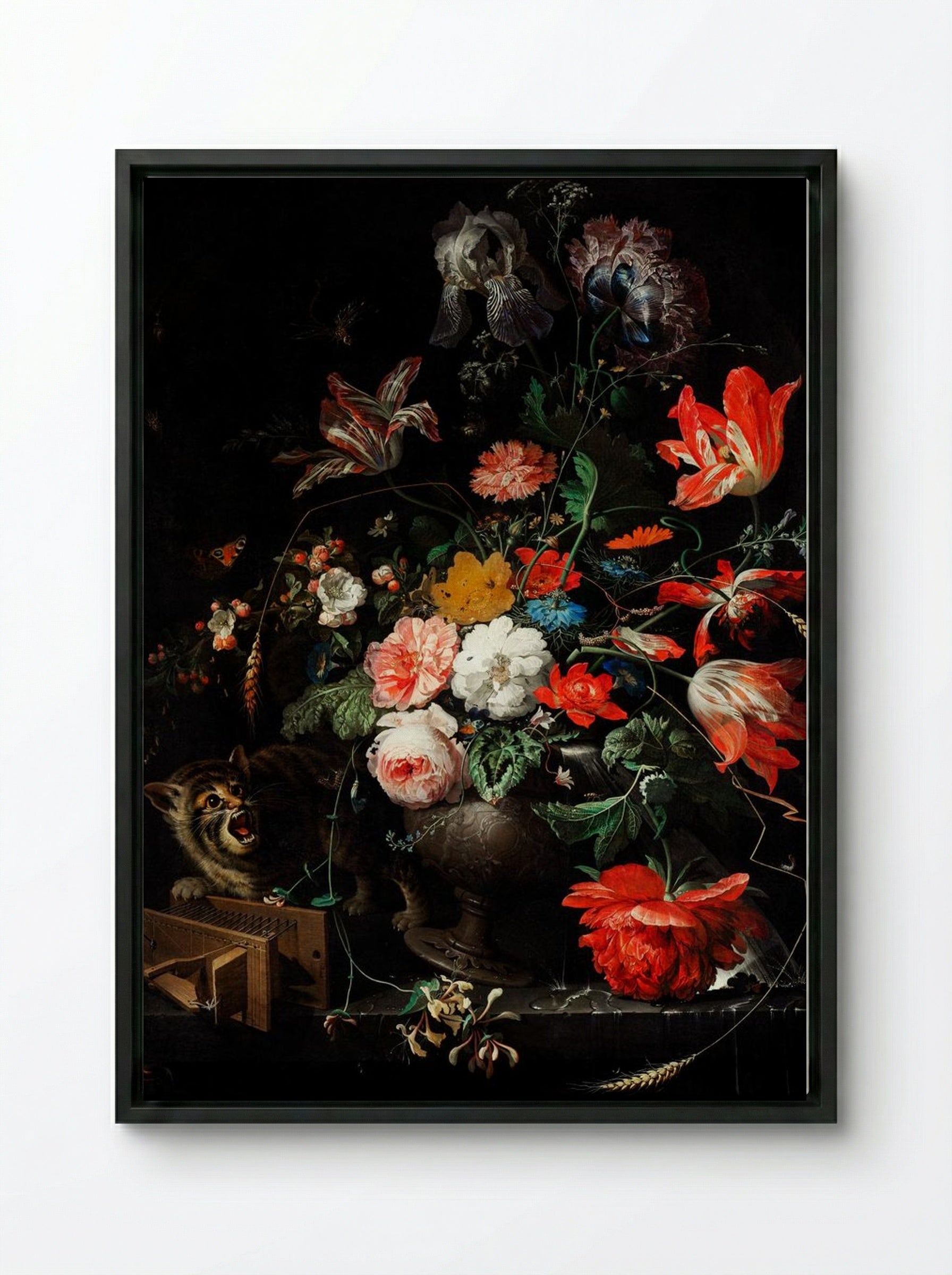The Overturned Bouquet - Abraham Mignon - Framed Canvas Black