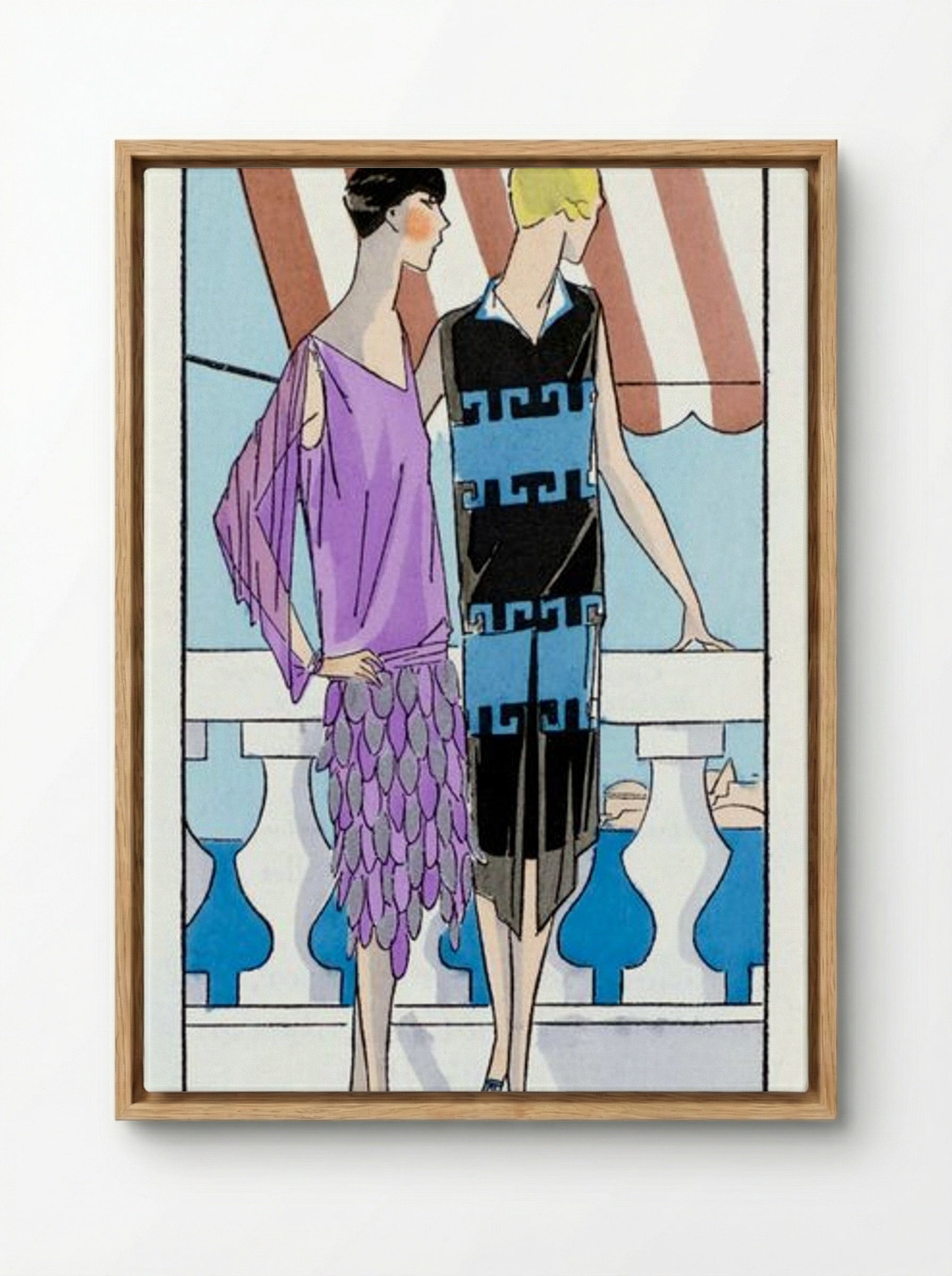 Two Women in Summer Dresses on a Terrace - Brandt and Philippe et Gaston - Framed Canvas Wood