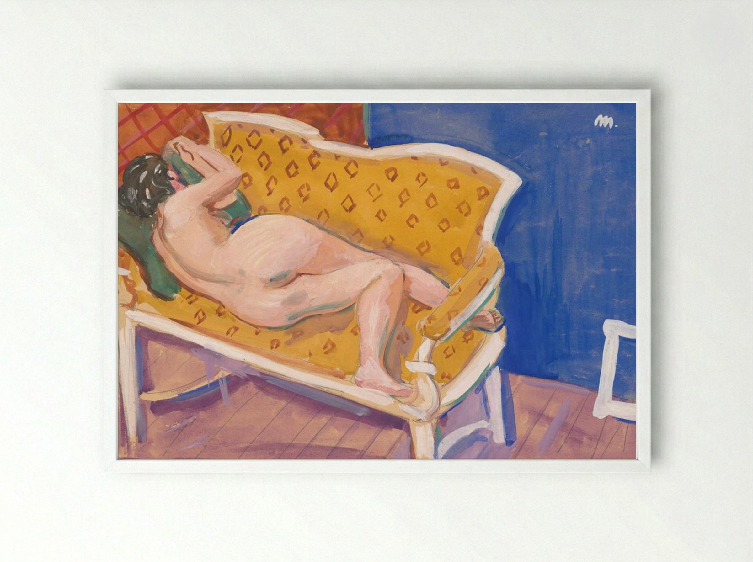 Reclining Nude on Yellow Sofa - Cyprián Majerník - Framed Print White