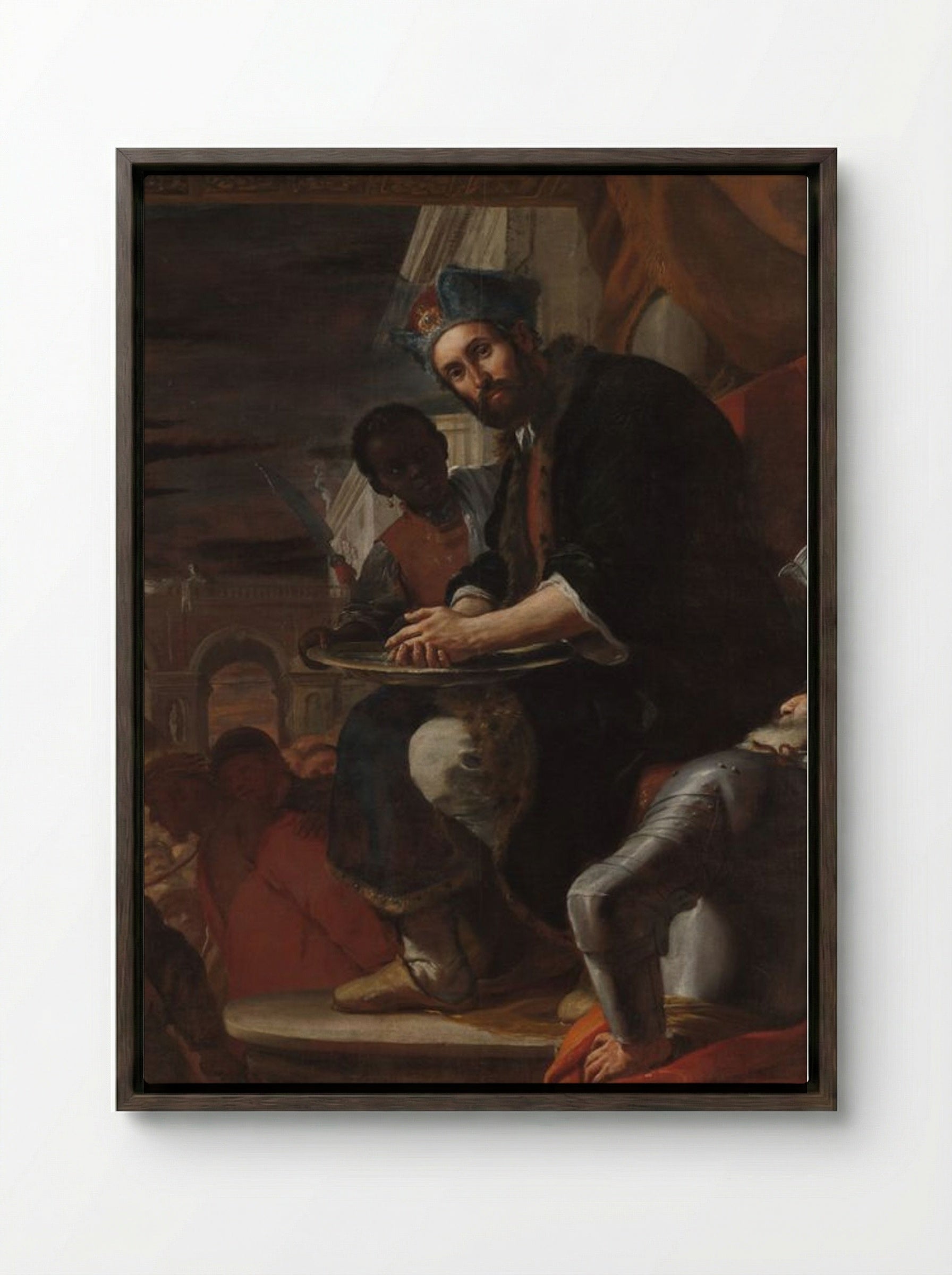 Pilate Washing His Hands - Mattia Preti - Framed Canvas Dark Wood