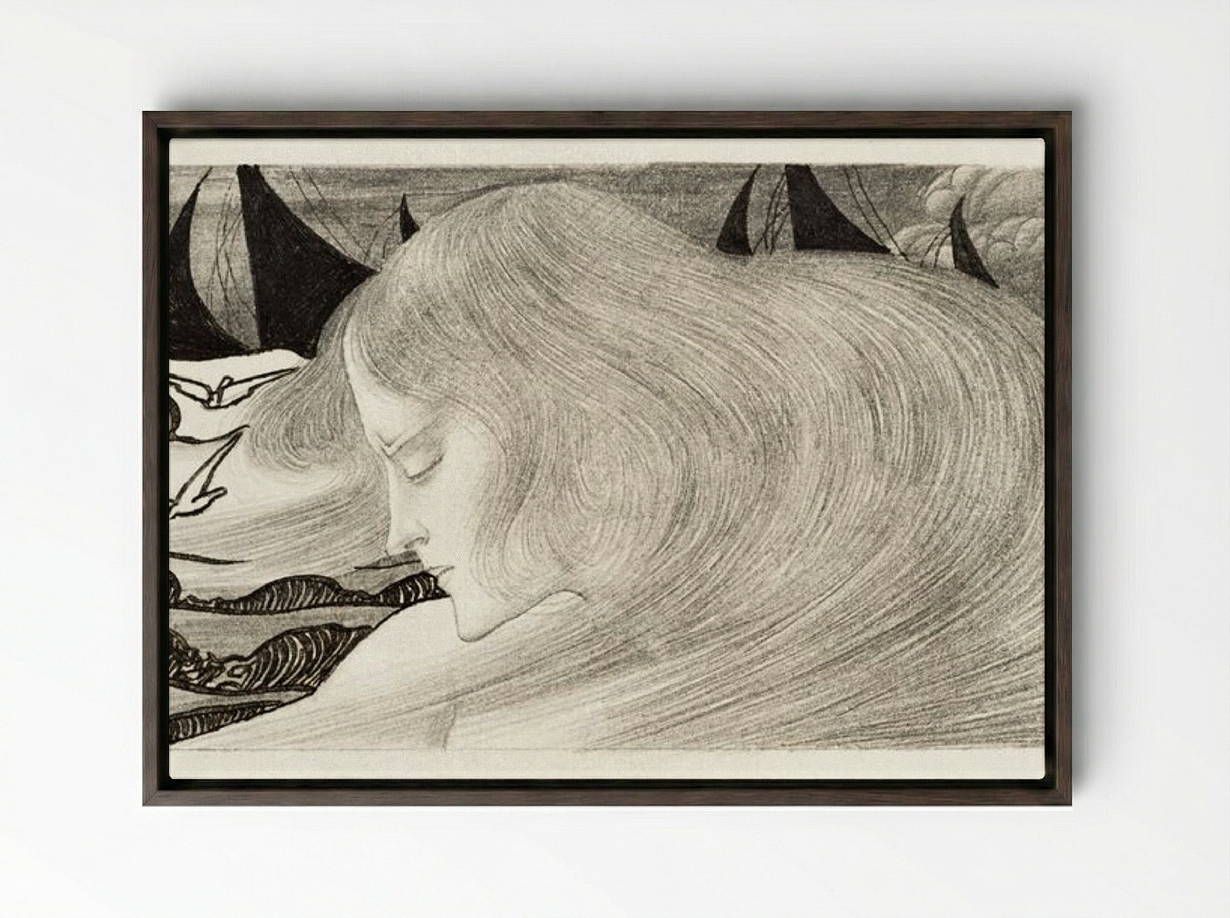 Young Woman with Wavy Hair in Front of a Sea with Ships - Jan Toorop - Framed Canvas Dark Wood