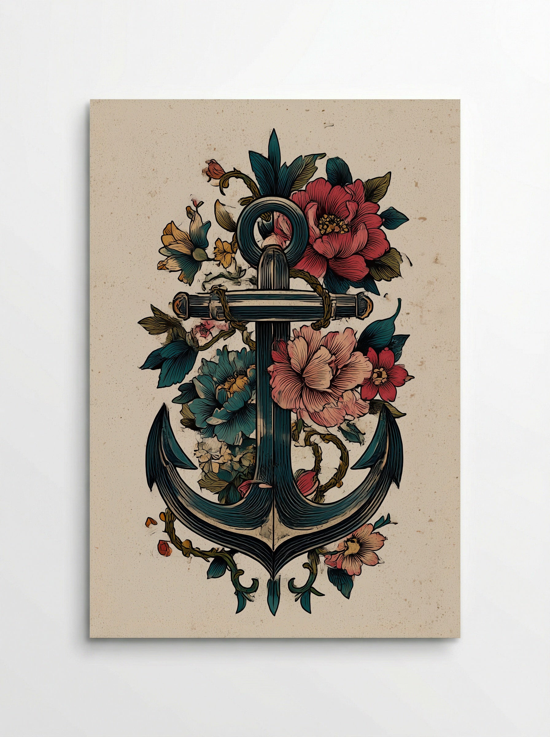 Anchor with Floral Motifs - Vintage Tattoo Inspired Print - Poster