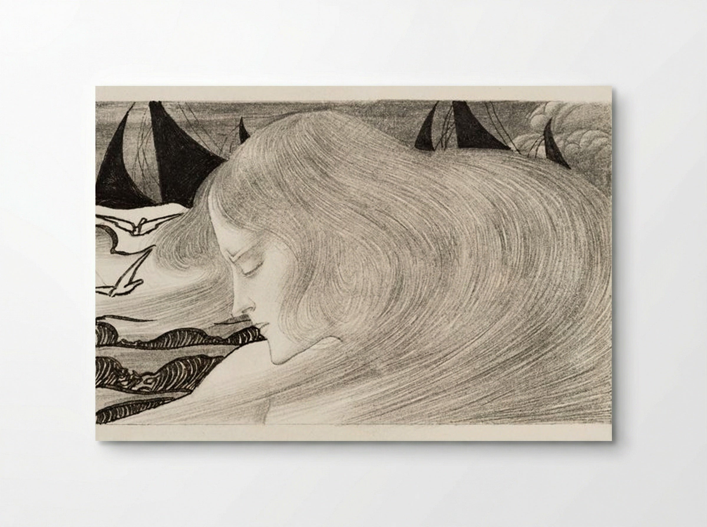 Young Woman with Wavy Hair in Front of a Sea with Ships - Jan Toorop - Poster