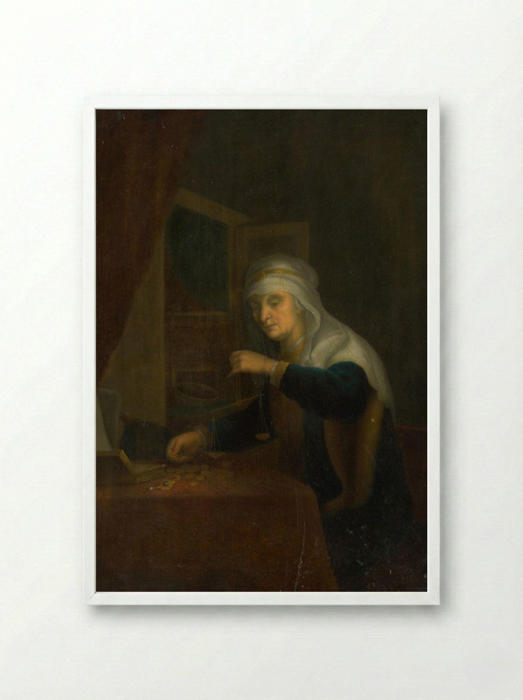 The Weighing of Gold - Pieter de Hooch - Framed Print White