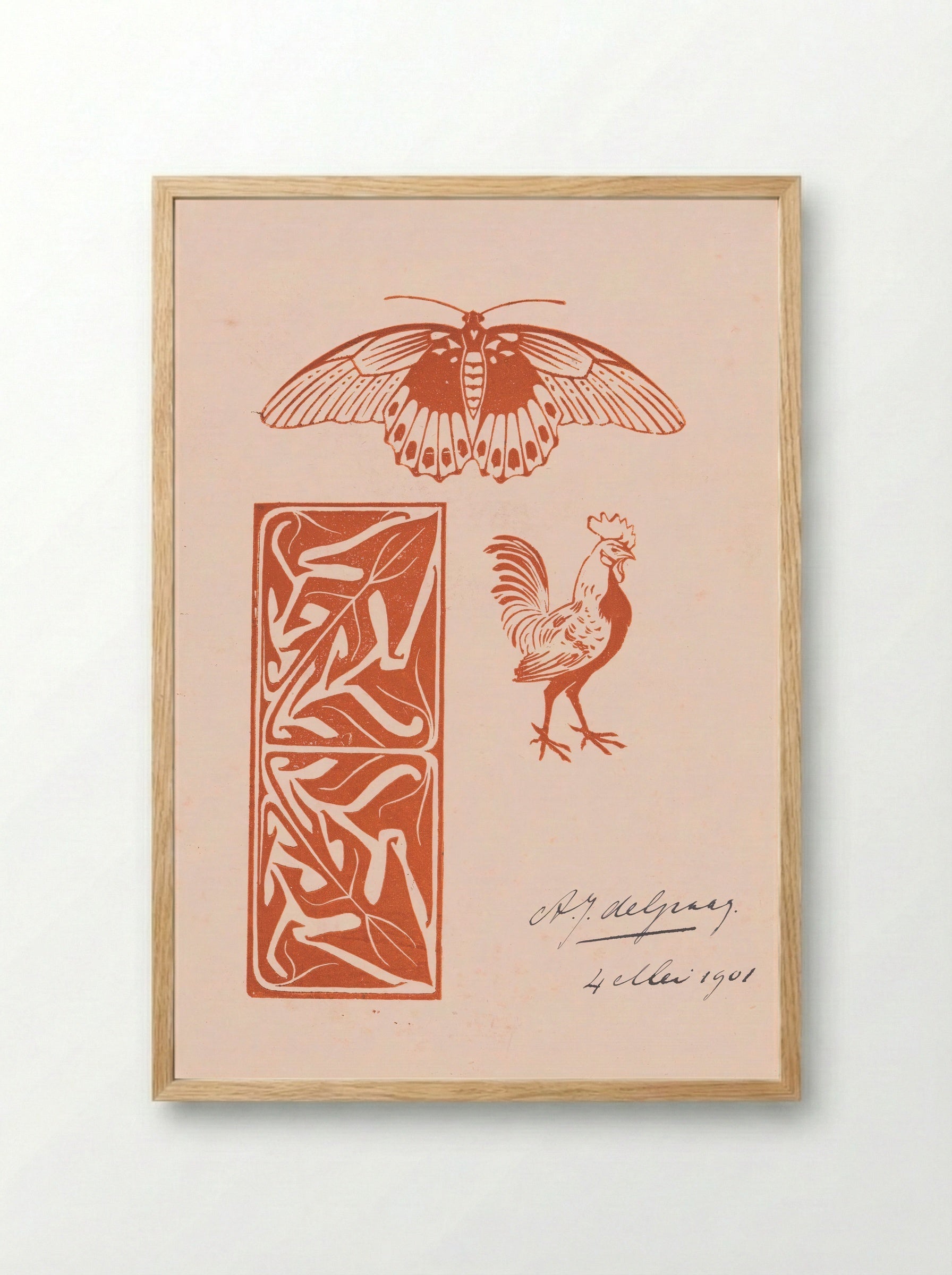Butterfly, Rooster and Leaf Ornament - Julie de Graag - Framed Print Wood