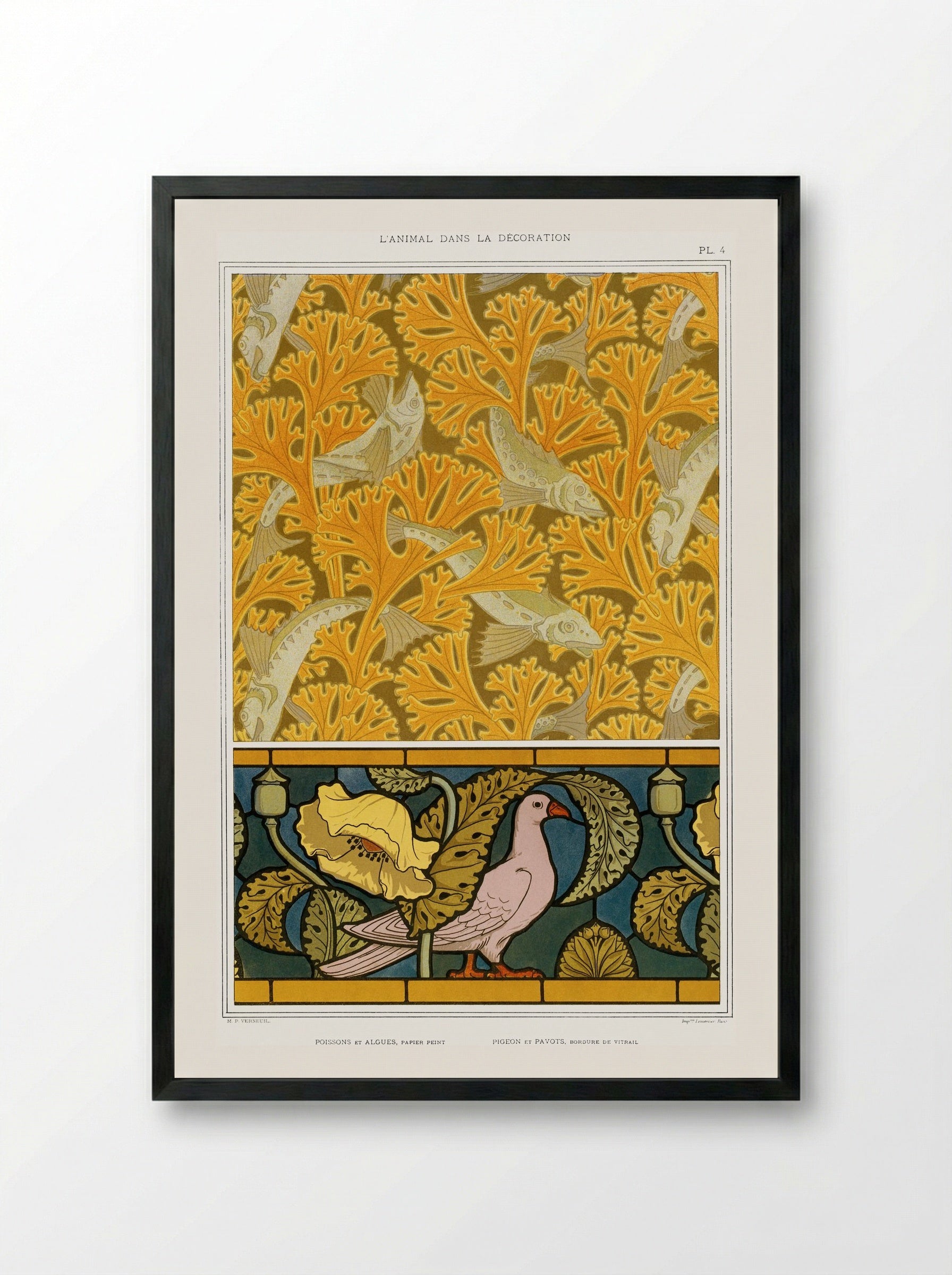 Poisson et Algues, Papier Peint / Pigeon et Pavots, Bordure de Vitrail - Maurice Pillard Verneuil - Framed Print Black