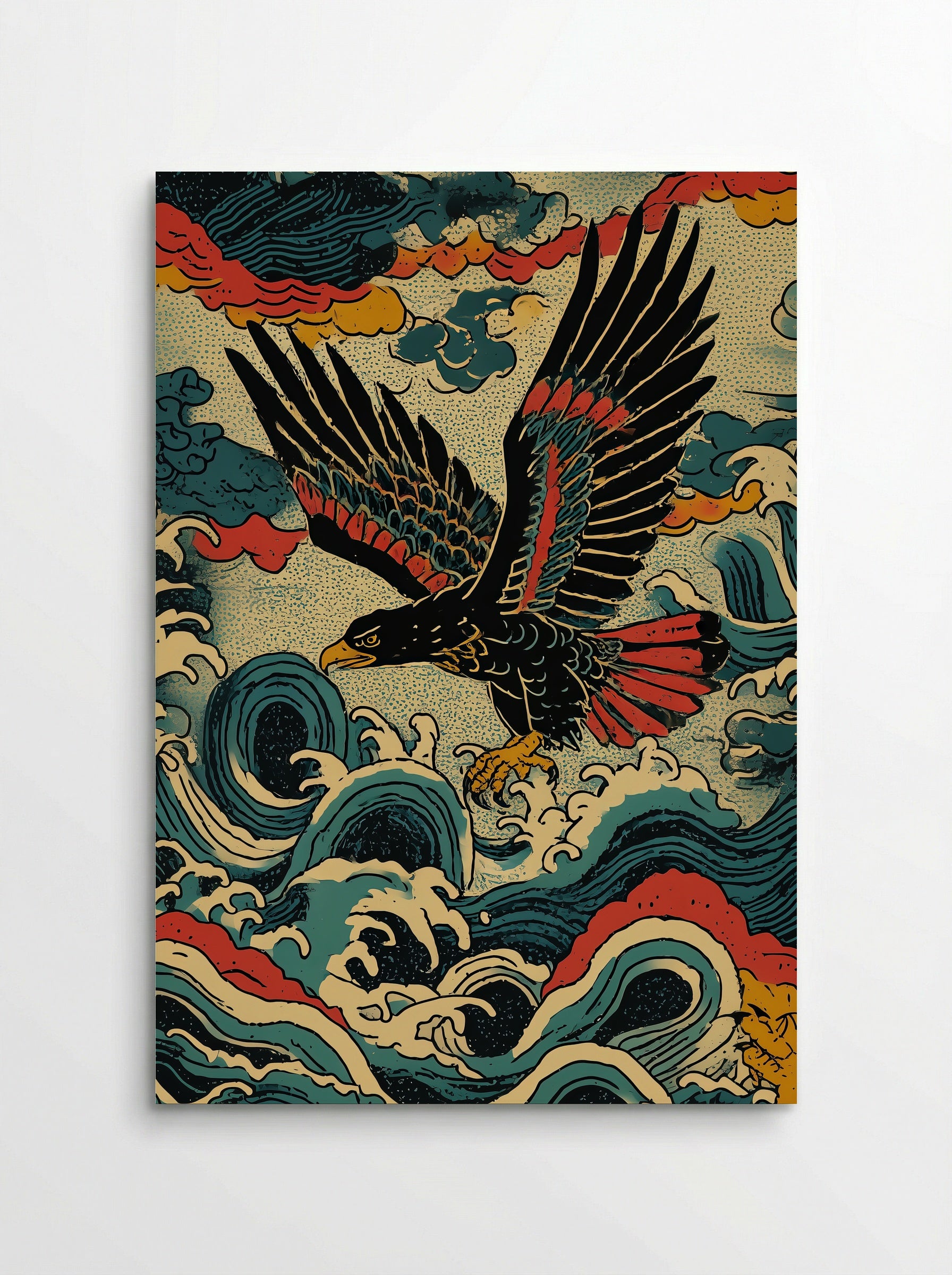 Eagle in Stormy Seas - Japanese Ukiyo-e Inspired Art Print - Poster