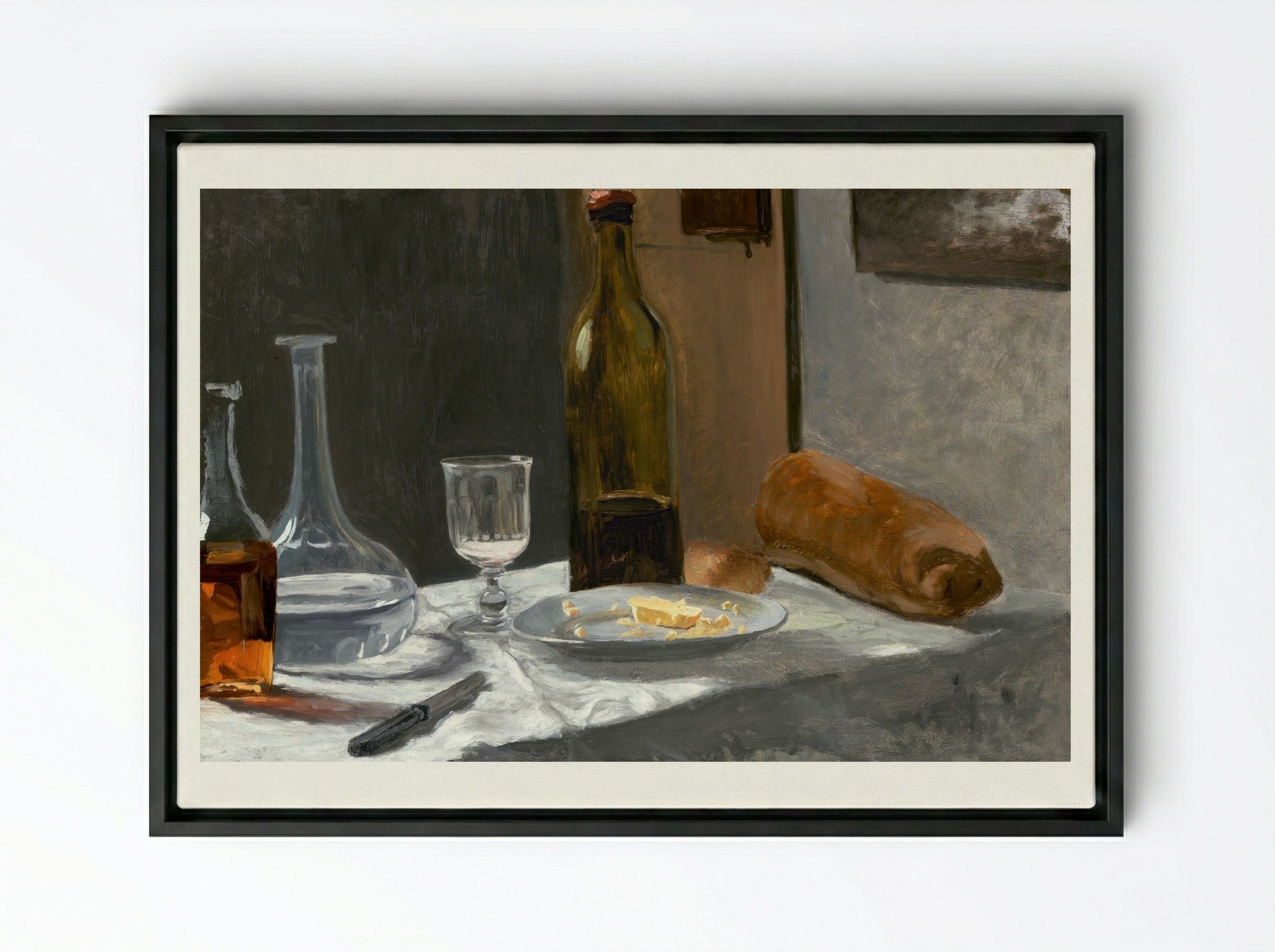 Still Life with Bottle, Carafe, Bread, and Wine - Claude Monet - Framed Canvas Black