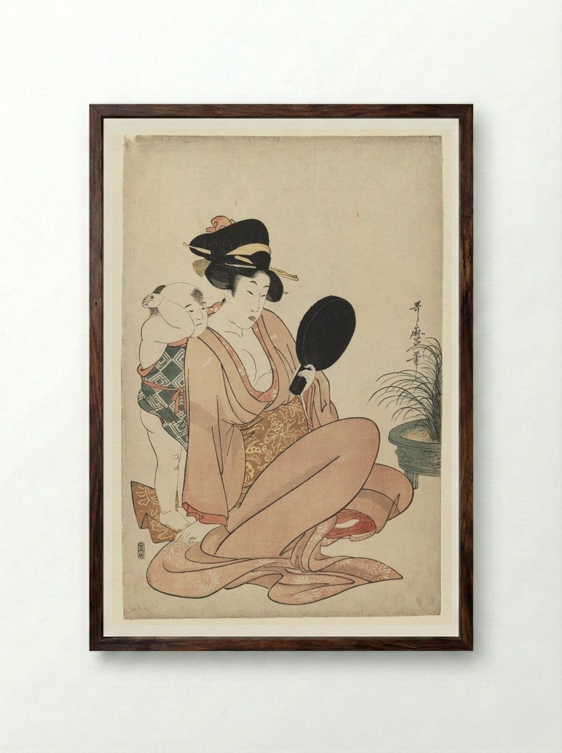 Mother and Child Gazing at a Hand Mirror - Kitagawa Utamaro - Framed Print Dark Wood